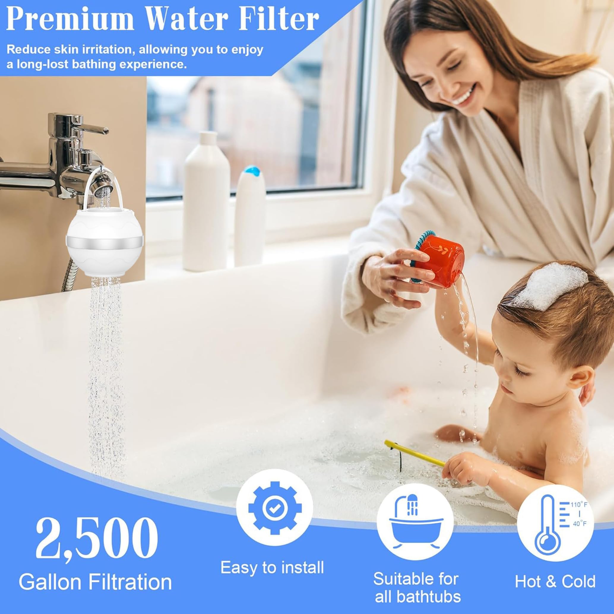 Filtro de agua para bañera - Sistema de filtración multietapa - Instalación flexible sin herramientas - Se adapta a la mayoría de grifos de bañera - Blanco
