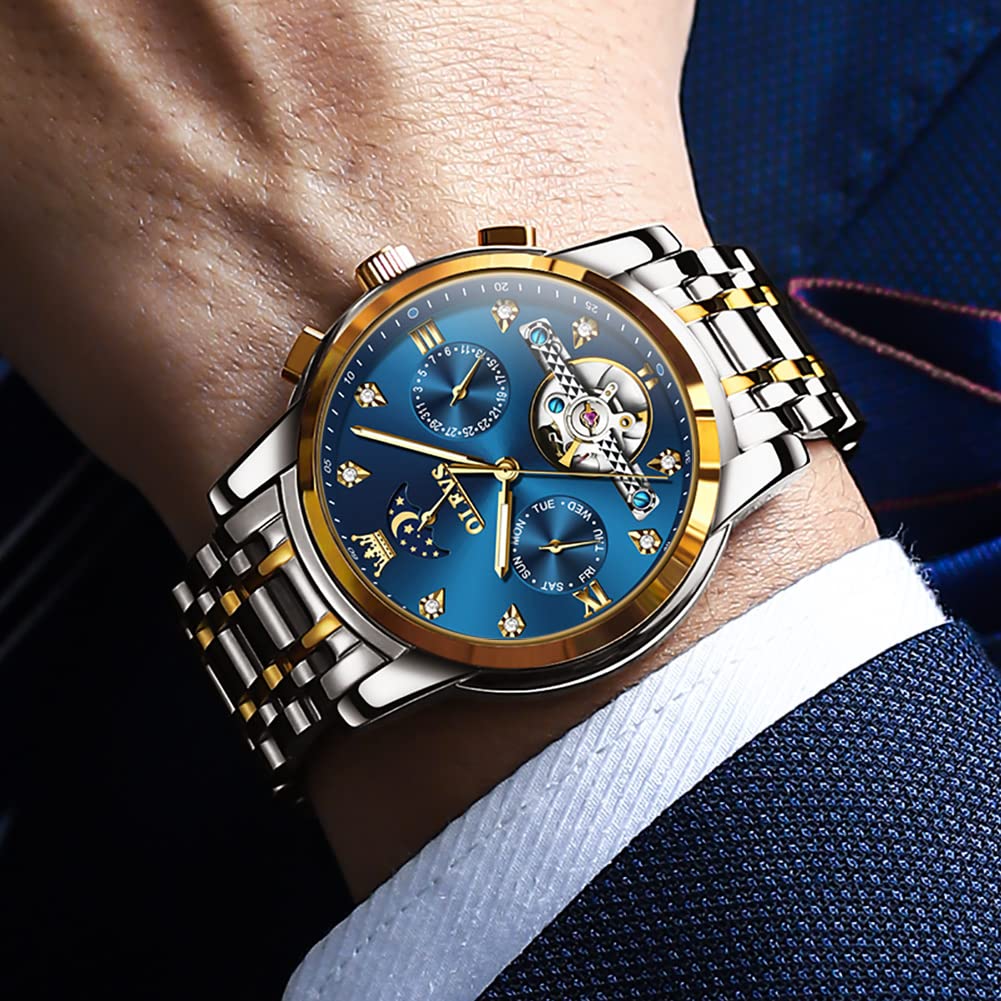 OLEVS Herrenuhren Automatik Mechanische Schwarz Armbanduhr mit Skelettiertem Tourbillon Kalender Wasserdicht Leuchtende Klassische Luxus Armbanduhren für Herren