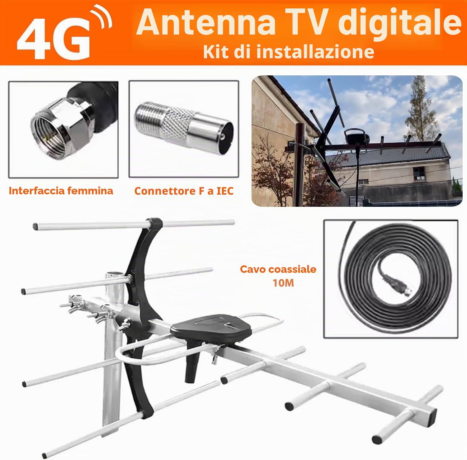 Kit di installazione antenna TV digitale 4G per esterni, antenna da tetto per Smart Freeview HD antenna TV esterna digitale + connettore coassiale maschio femmina 10 m RG6 cavo di fissaggio viti dadi