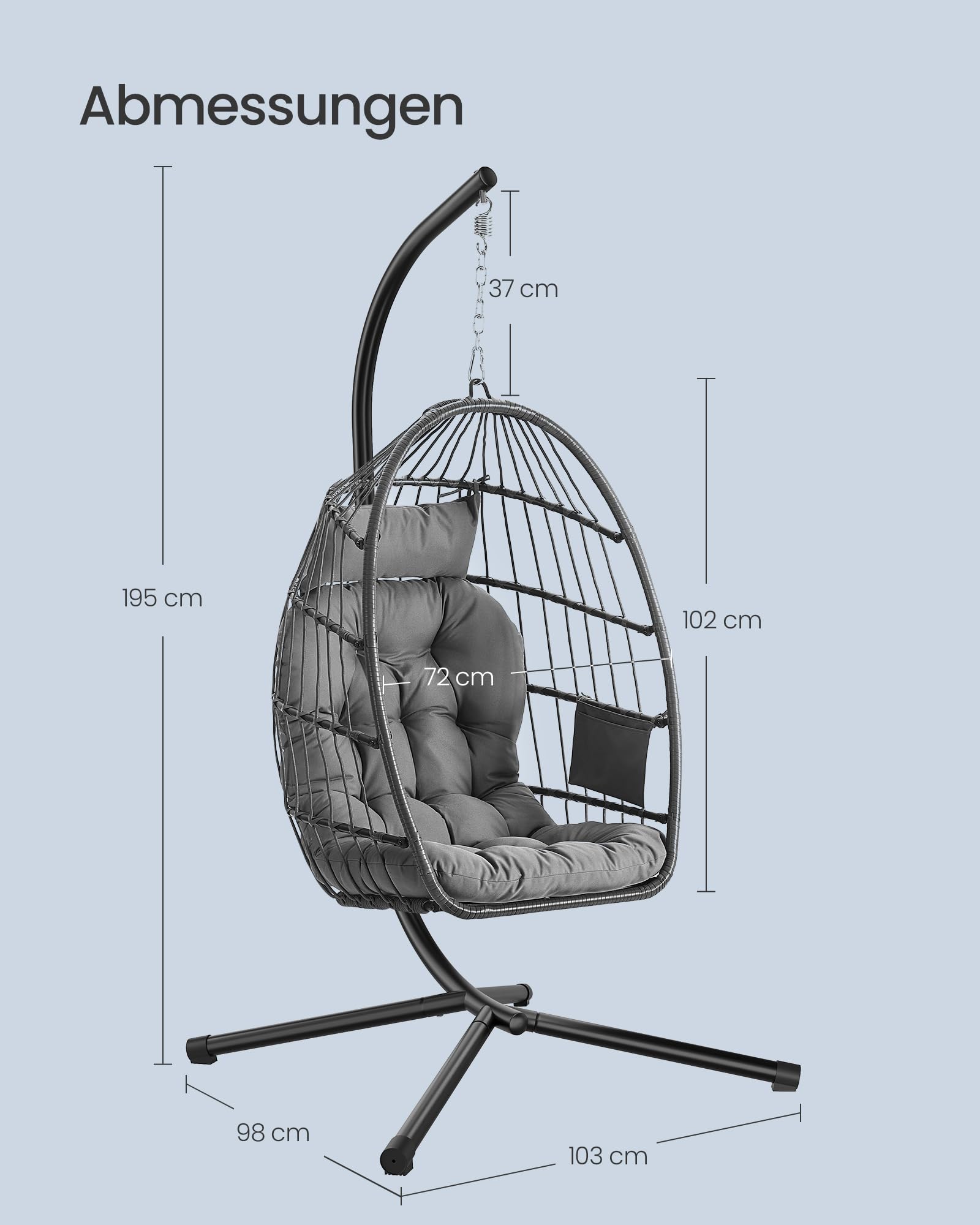 SONGMICS Hängesessel mit Gestell, Hängeschaukel Outdoor, Korbsessel, Korb klappbar und abnehmbar, Hängestuhl höhenverstellbar, Seitentasche, Kissen, Wohnzimmer Garten Balkon, grau GDC050GZ01