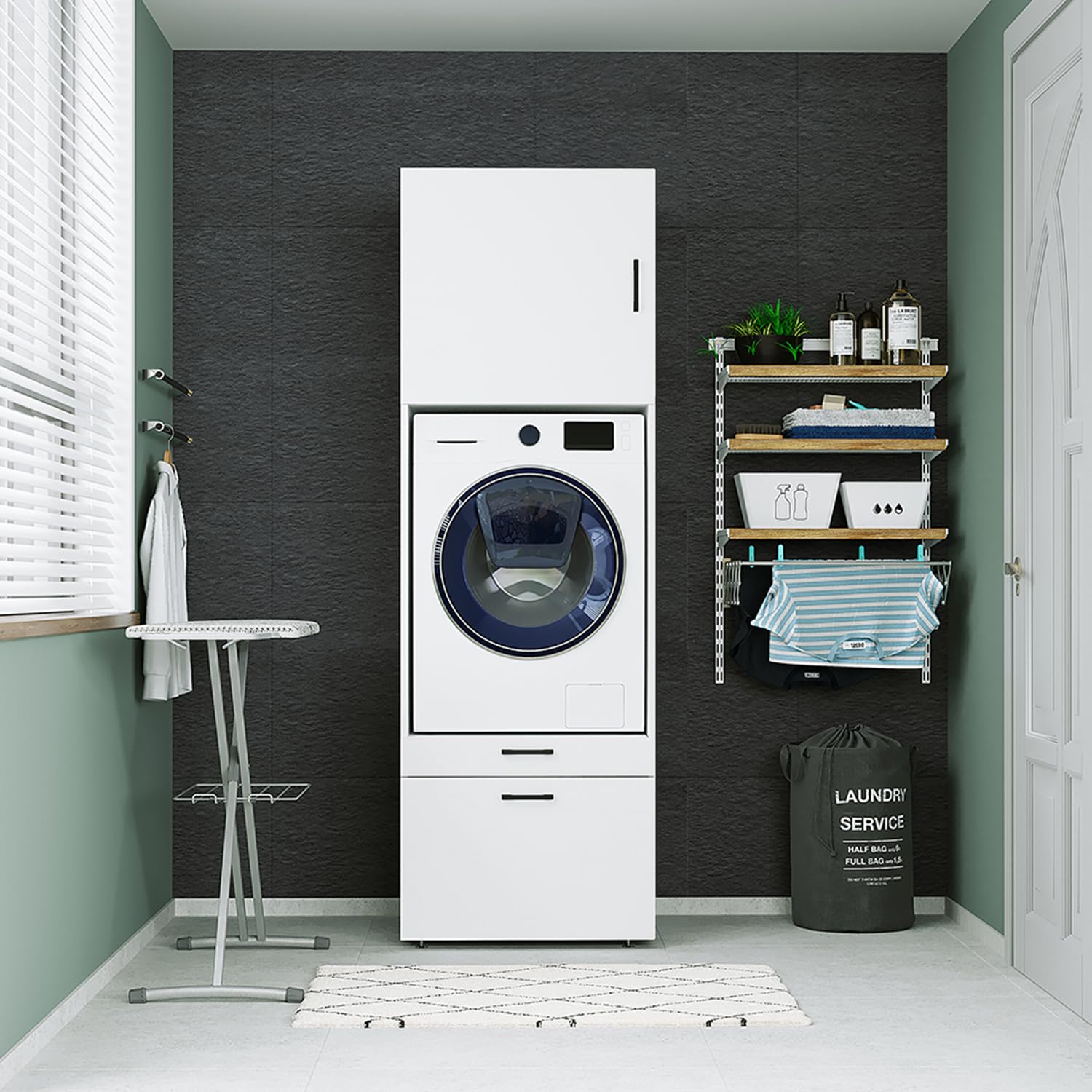 ROOMART , Waschmaschinenschrank mit Schrankaufsatz, Schublade & Ausziehbrett, Weiß, Schwarz Eiche, Waschmaschinenüberbau (Schrank + Aufsatz (62 cm), Weiß)