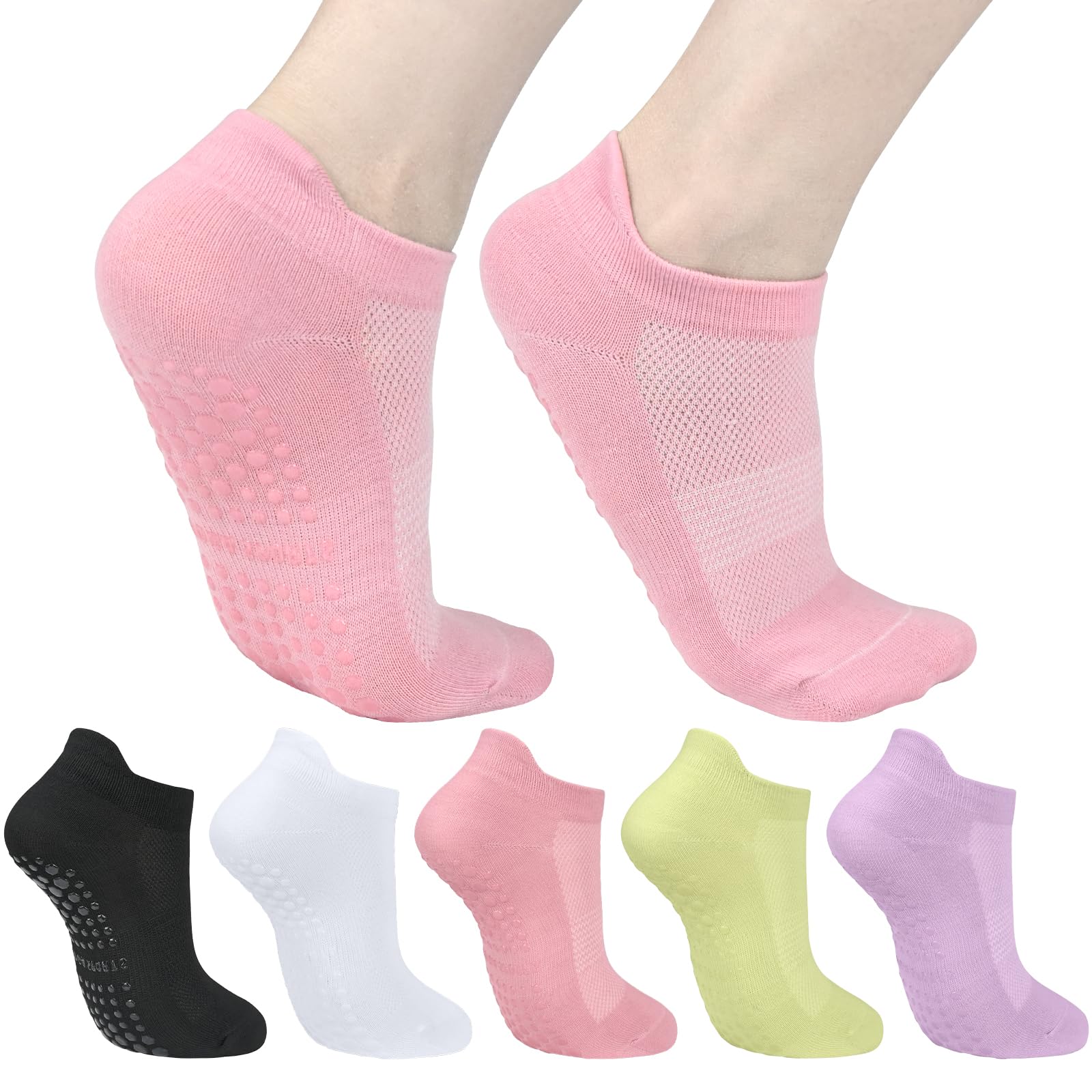 Smlper Women's Blackwhitepinkgreenpurple 5 Pairs Yoga Socks 4-8 For Non Slip,Pilates Grip Socks For Ballet, Dance, Running, Fitness