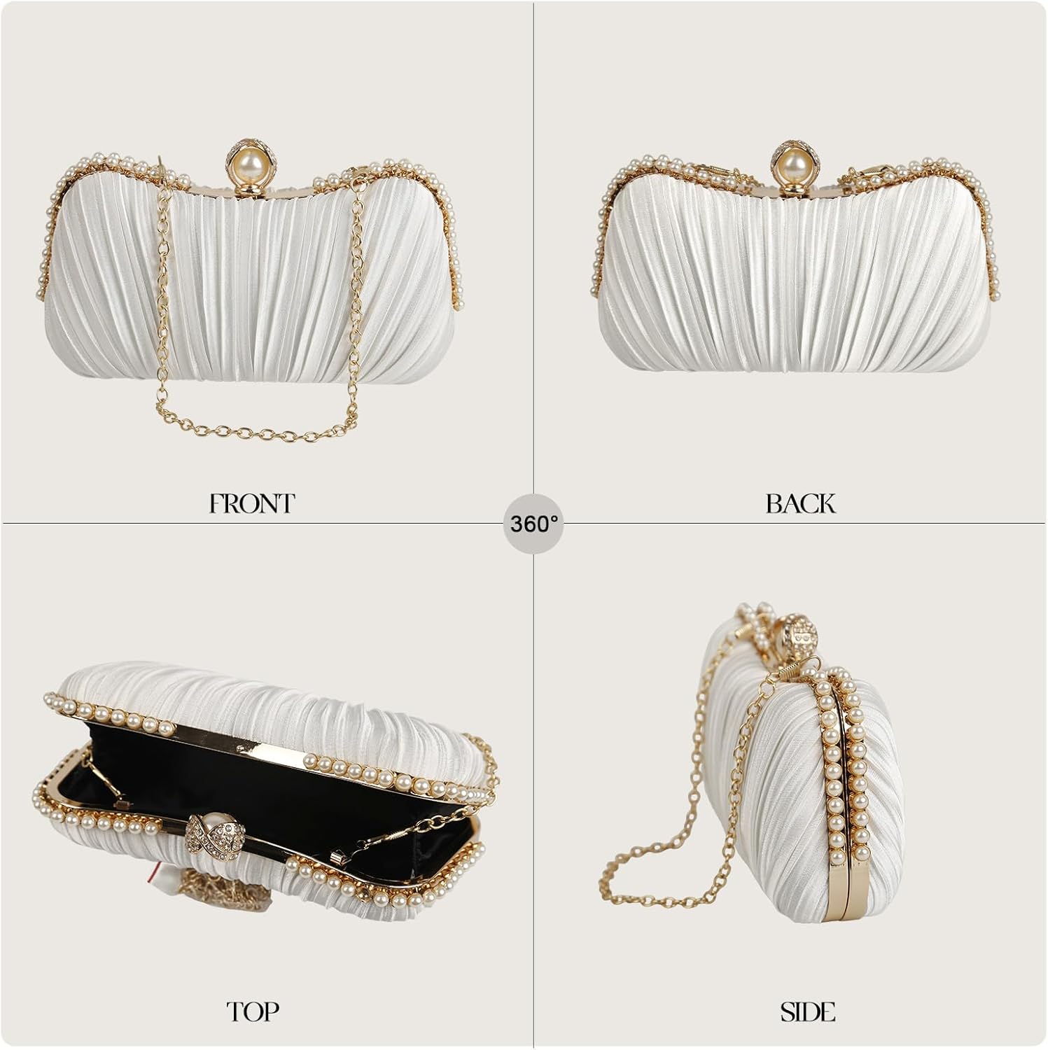 Womens Satin Pearl Ruched Clutch Purse Elegant Evening Bag Detachable Double Chain Wedding Party Prom Handbag