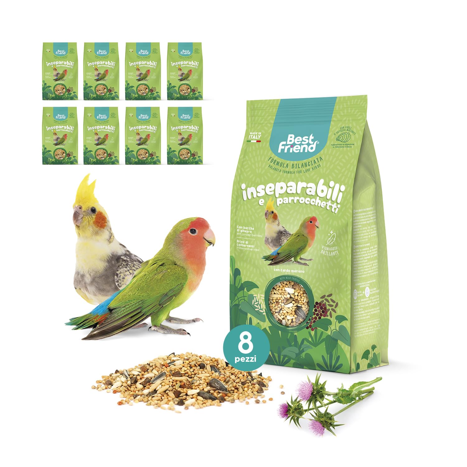 Best Friend Mangime Completo per Inseparabili e Parrocchetti Mangime per gli uccelli con Cardo Mariano. Ingredienti Naturali, Qualità 100% Made in Italy | Confezione da 8 pacchi