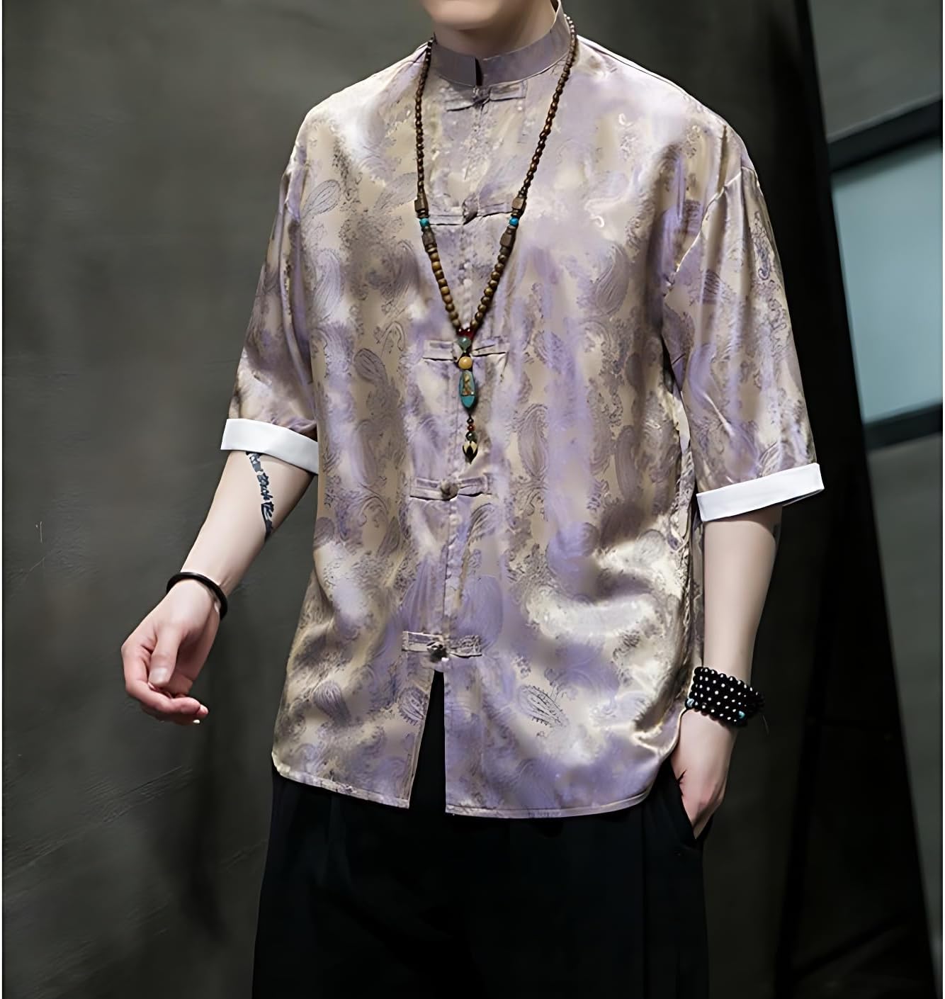 Men's Kung Fu Shirt,Traditional Chinese Hanfu Tang Suit Coat with Silk Printing,Half Sleeve Top for Casual Summer Outfits Light Purple