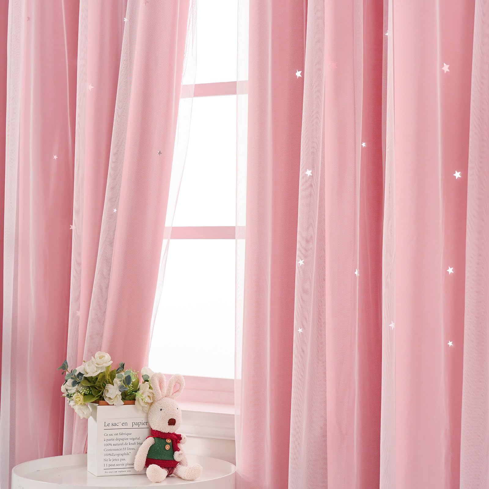 Pink Curtain for Girls Room Blackout Drape 63 Inches Long Cute Star Cutout