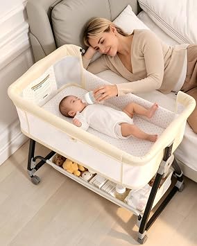 Baby Bassinets Bedside Sleeper with Wheels and Mattress, Cosleeping Baby Bed with Storage, Co-Sleeper Bassinet Attach to Bed, Bed Side Crib with Breathable Mesh, Height Adjustable Beige