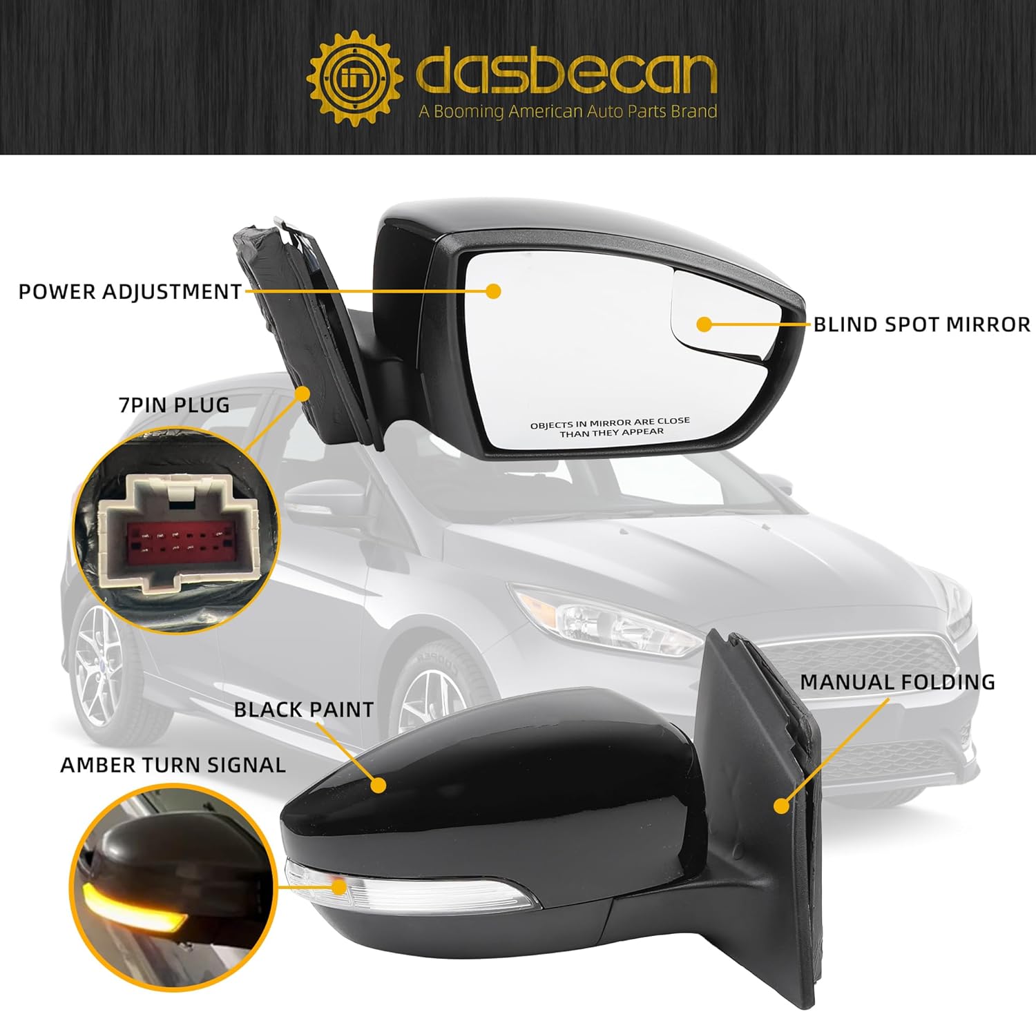 Dasbecan Right Passenger Side Mirror Compatible with 2015-2018 Ford Focus Black Rearview Mirror w/Turn Signal, Manual Folding, Power Glass and Temperature Sensor (7Pin)