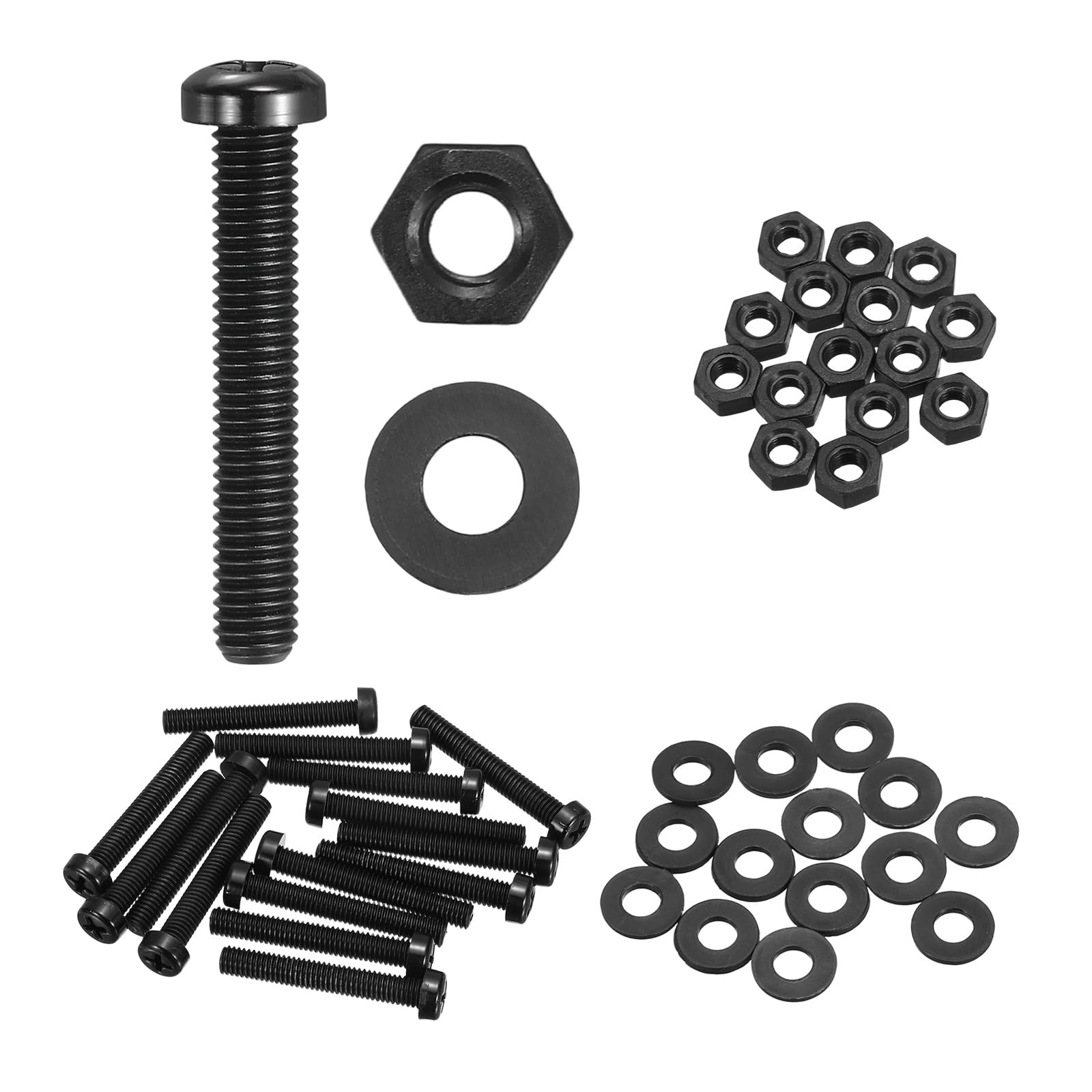 sourcing map 15 Set M6x40mm Nylon PA66 Plastic Cross Round Head Screw Phillips Bolts Hex Nuts Flat Washers Assortment Kit, Metric Full Thread Bolt Fasteners for DIY Machine Assembly, Black — image 1
