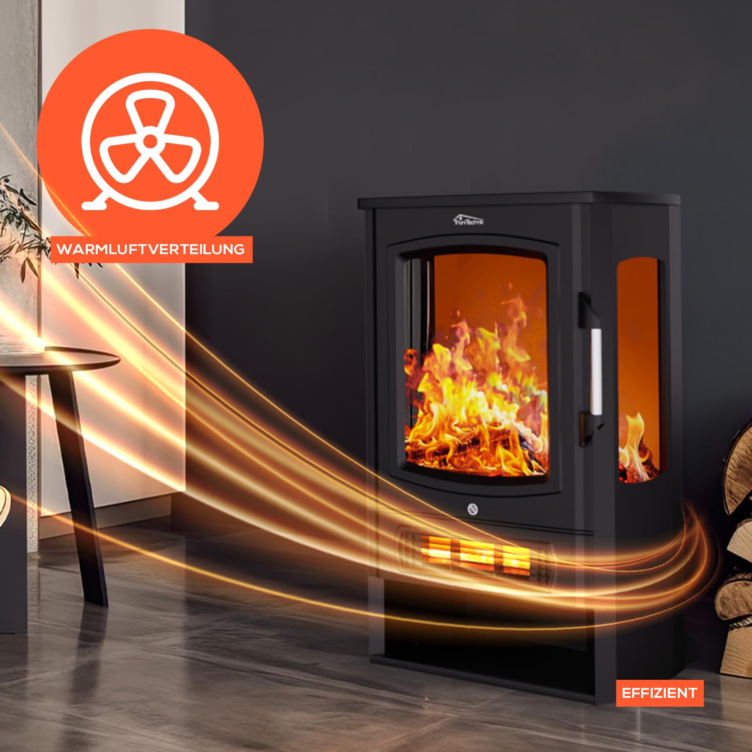 Tronitechnik® Elektrokamin elektrisch - Kaminfeuer mit LED Flammeneffekt, 1kW/2kW Watt Kamin, mit Thermostat Panorama-Sichtfenster Heizfunktion, 2 Heizstufen, mit Ventilation