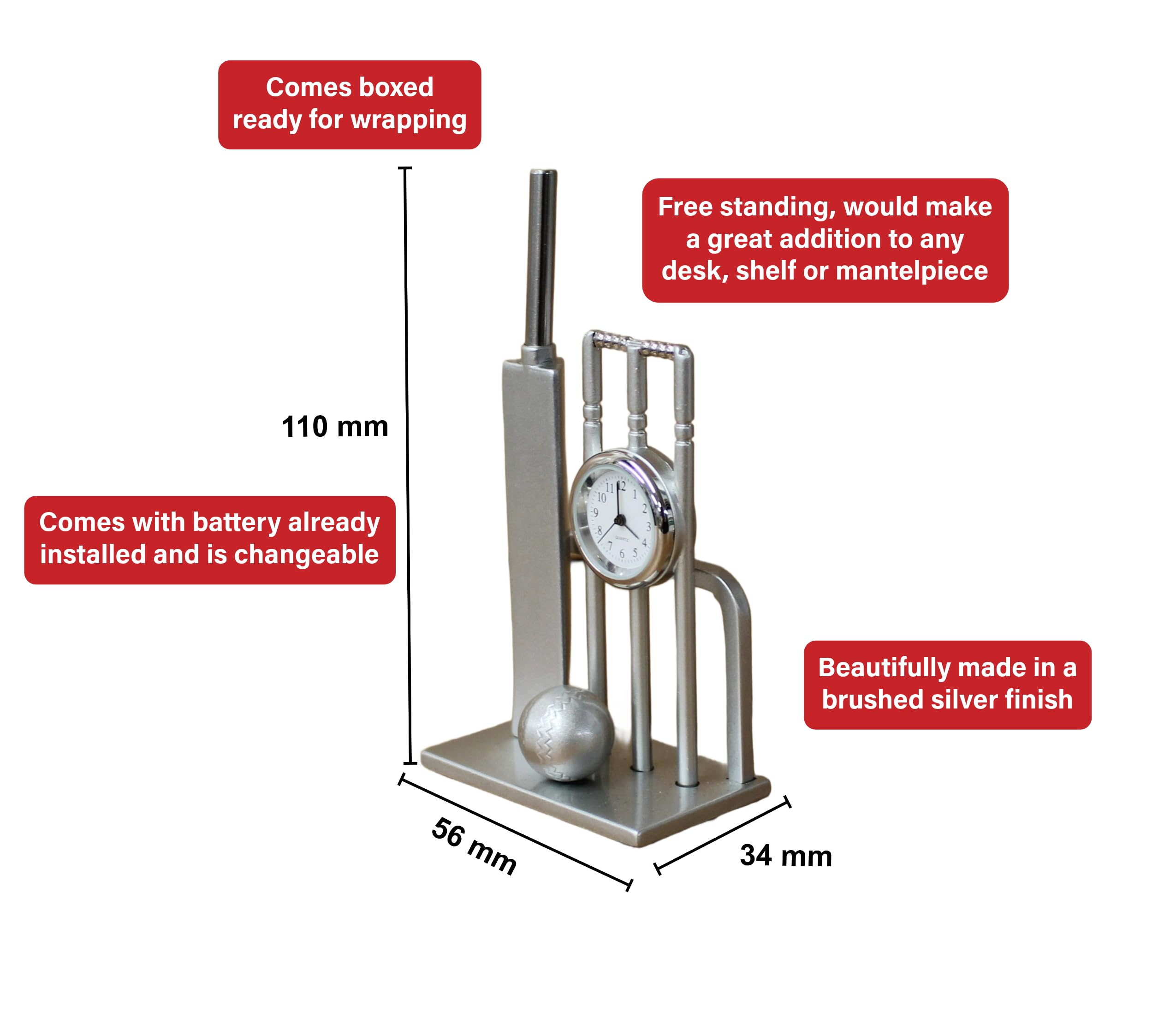 benerini Miniature Silver Colour Metal Cricket Bat & Ball Desk Clock - Cricket Gifts - Free Standing - Boxed Gift - Image 2