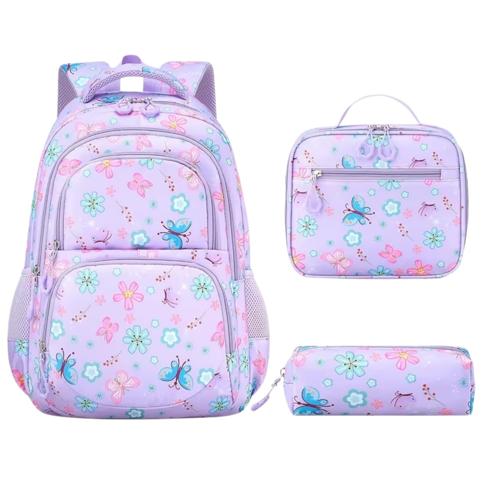 Zaino da Viaggio 3 in 1 Farfalla Floral-Stampa Set Scola con Sacchetto A Pranzo E Borsa Matita per Ragazze Adolescenti