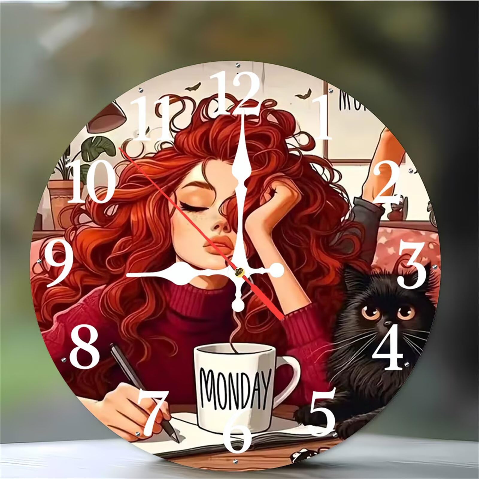 Horloge murale silencieuse 30 cm à quartz avec motif de fille fatiguée