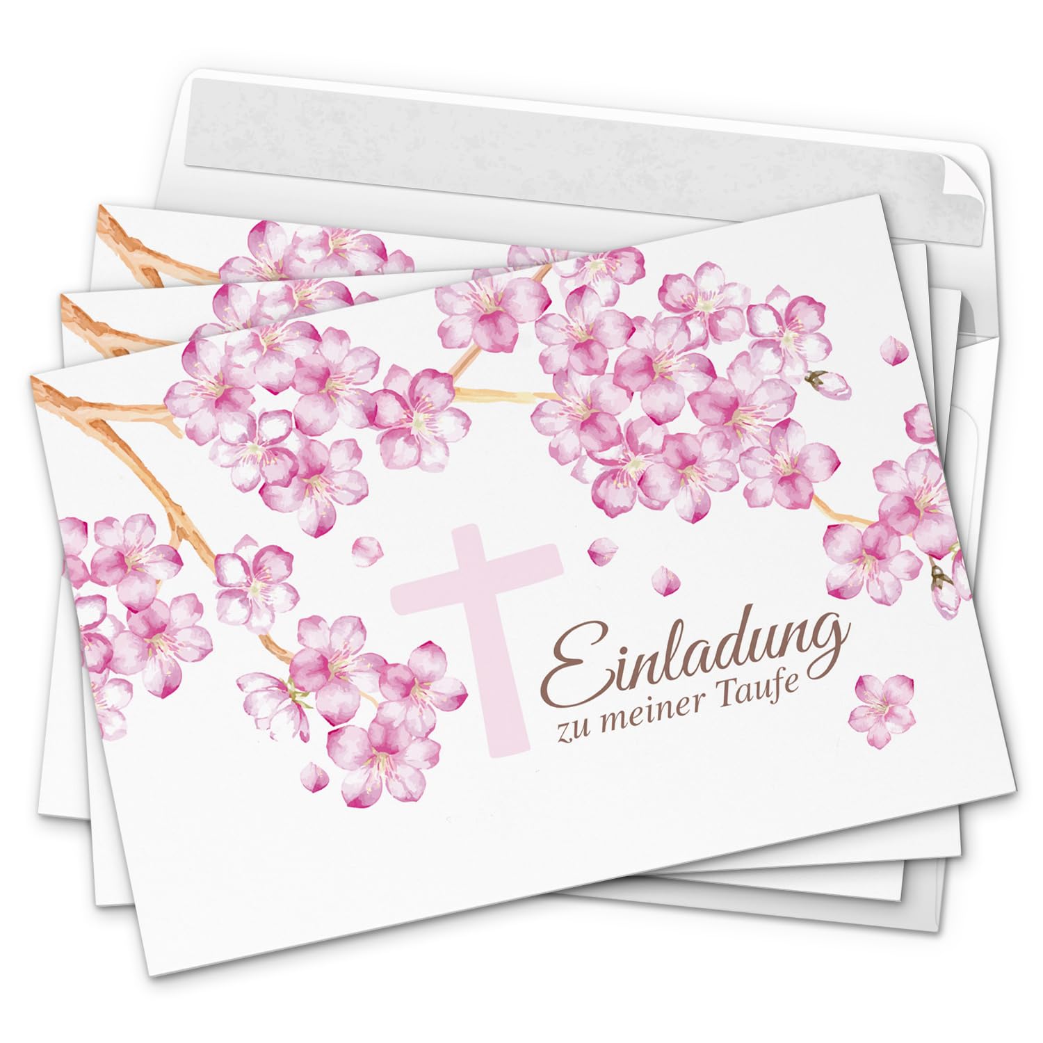 Einladungskarten Zur Taufe - 25 Stück Mit Umschlägen & Siegelaufklebern, Rosa Blumenkranz Design