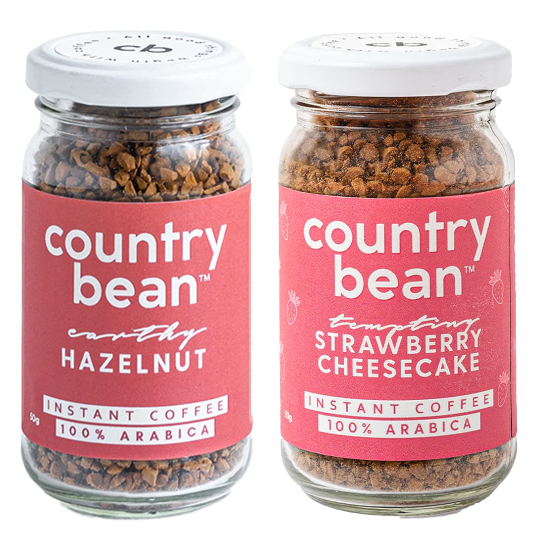 Country Bean Instant Coffee Powder Combo With Hazelnut & Strawberry Cheesecake Flavoured Coffees, Pack Of 2, 50 Grams X 2|100% Arabica, Freeze-Dried|Makes 50 Cups, Bottle, 490 Grams