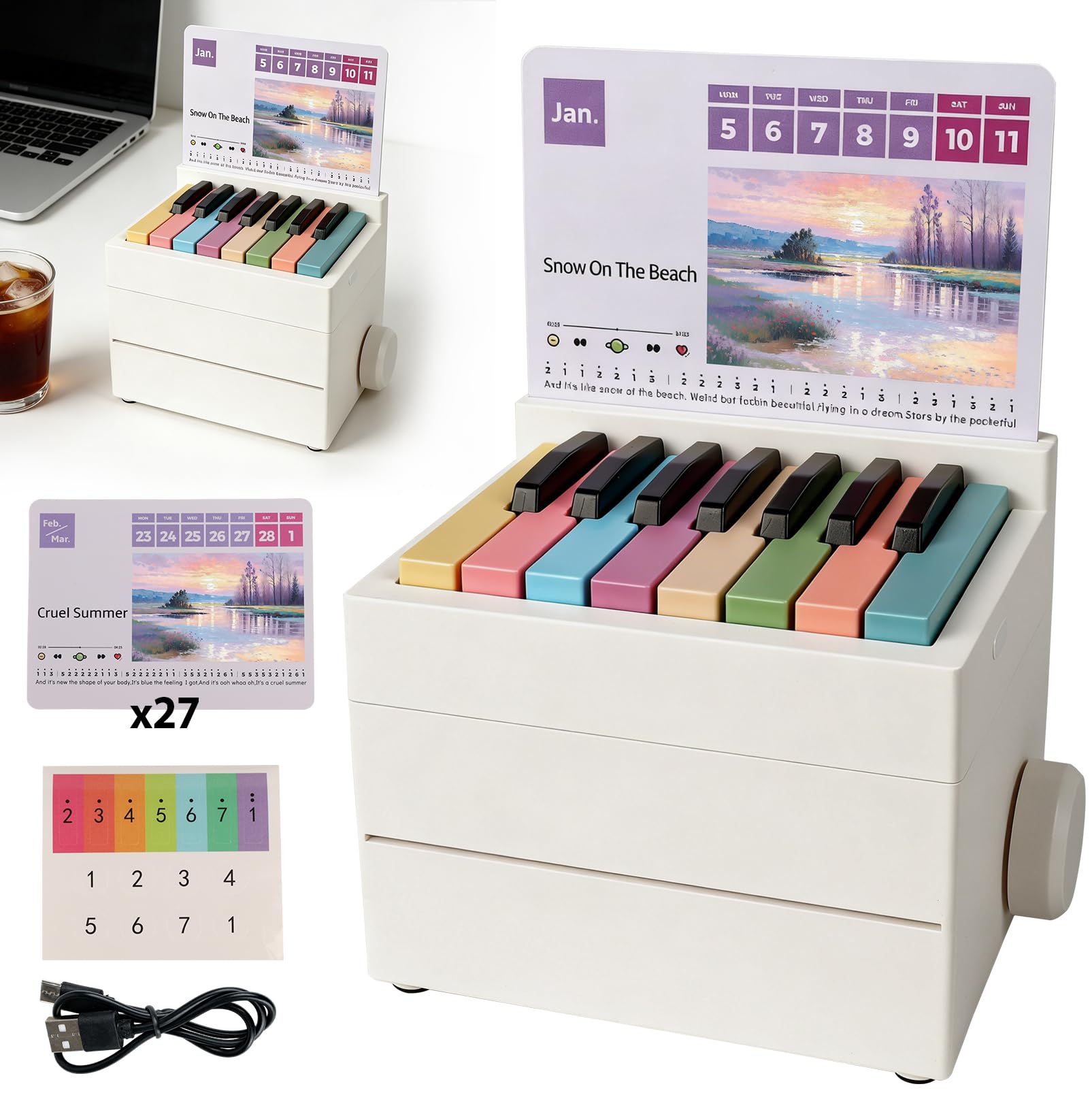 Playable Piano Calendar 2026, Mini 3D Desk Calendar with 26 Music Cards & 52 Songs, 15-Key Keyboard, USB-C Rechargeable, Interactive Weekly Planner, Gift for Music Lovers, Kids & Beginners (White)