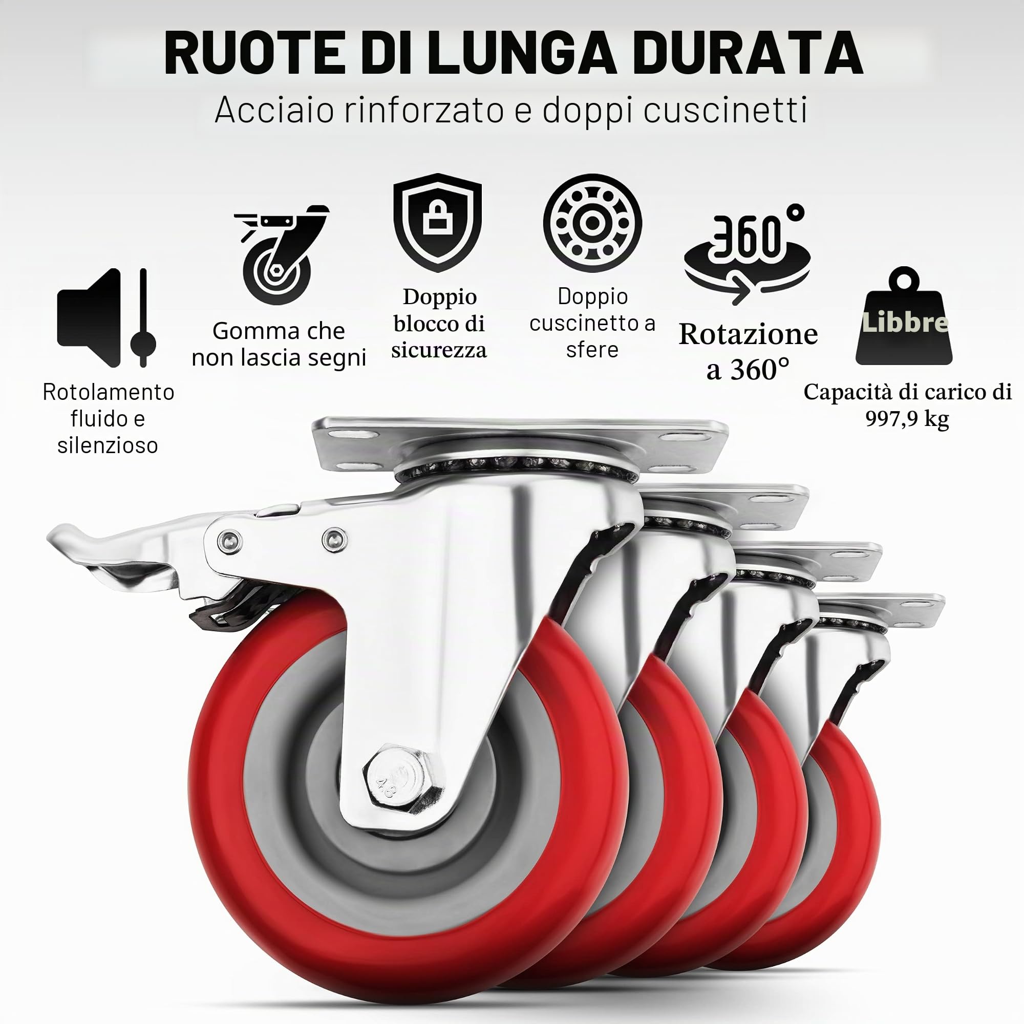Set di 4 ruote girevoli da 10,2 cm, resistenti (capacità di carico di 997,9 kg), con freni, girevoli a 360 gradi, ideali per carrelli, mobili e banco da lavoro (4 freni)