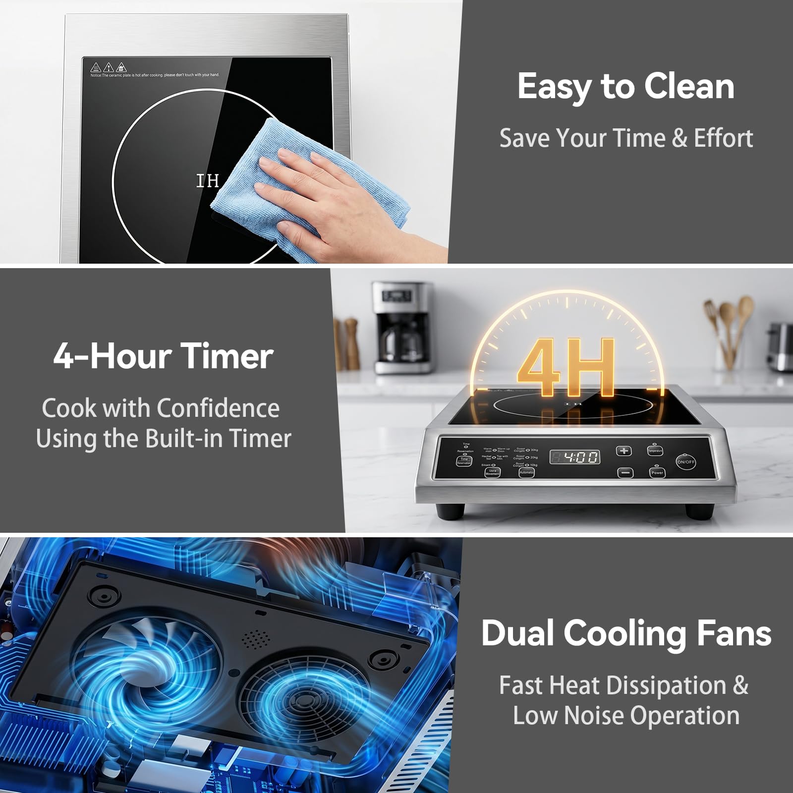Placa de Inducción 3500W Portátil, Cocina de Inducción Individual con Control Táctil, 10 Niveles de Potencia y Temperatura, Temporizador 4 Horas, Uso Profesional