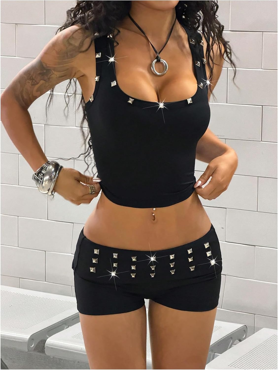 SHENHE Women's Sexy Punk Outfits 2 Piece Studded Crop Tank and Shorts Set image 2