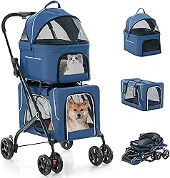 Carrinho Passeio Pet Duplo Para Cães E Gatos 3 em 1 Dobrável Grande Porte Até 30kg PC204 (Azul-Marinho)
