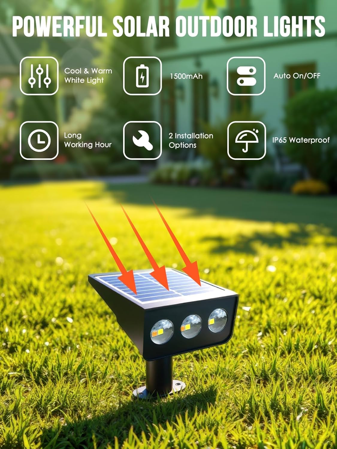 Solar spot Lights Outdoor IP65 Waterproof Solar spotlights 3 Lighting Modes Tree Lights for Outdoor Yard Garden Auto On/Off Wall Lights for Walkway Driveway Garage 4 Pack (Warm White Warm and Cool White 4 Pack