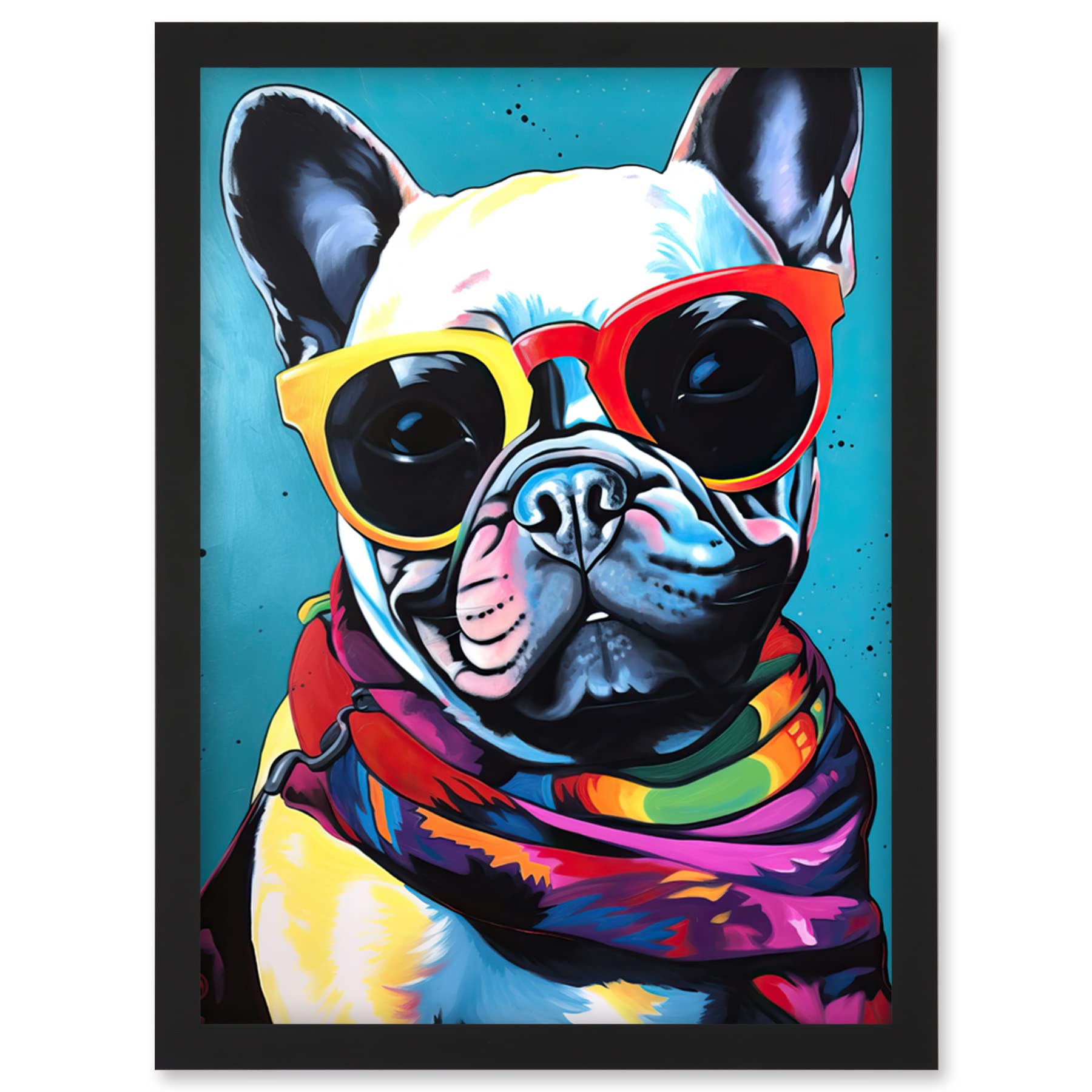 Artery8 French Bulldog in Sunglasses and Bandana Folk Art Artwork Framed Wall Art Print A4