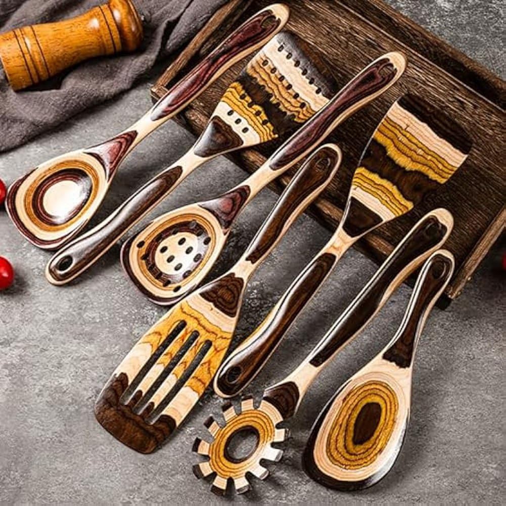 Gudamaye Set di 7 utensili marroni in legno pakkawood, robusto, ecologico, cucchiaini, cucchiai, utensile da cucina in legno, regalo per la casa e la cucina per mamma, papà, nonna, moglie