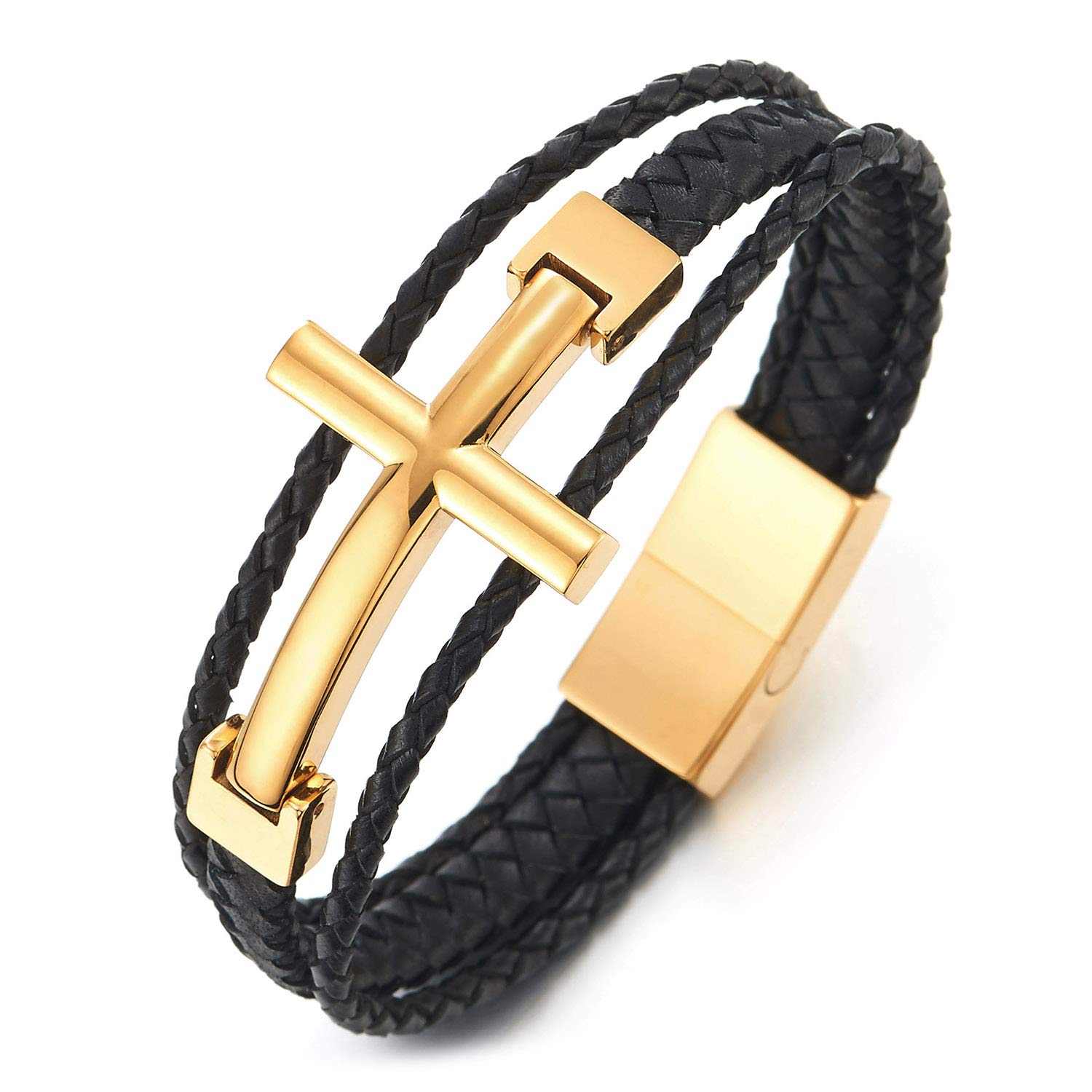 COOLSTEELANDBEYONDAcero Inoxidable Lado Horizontal Lateral Cruz Tres Filas Trenzado Cuero Genuinode Pulsera, Brazalete Hombre