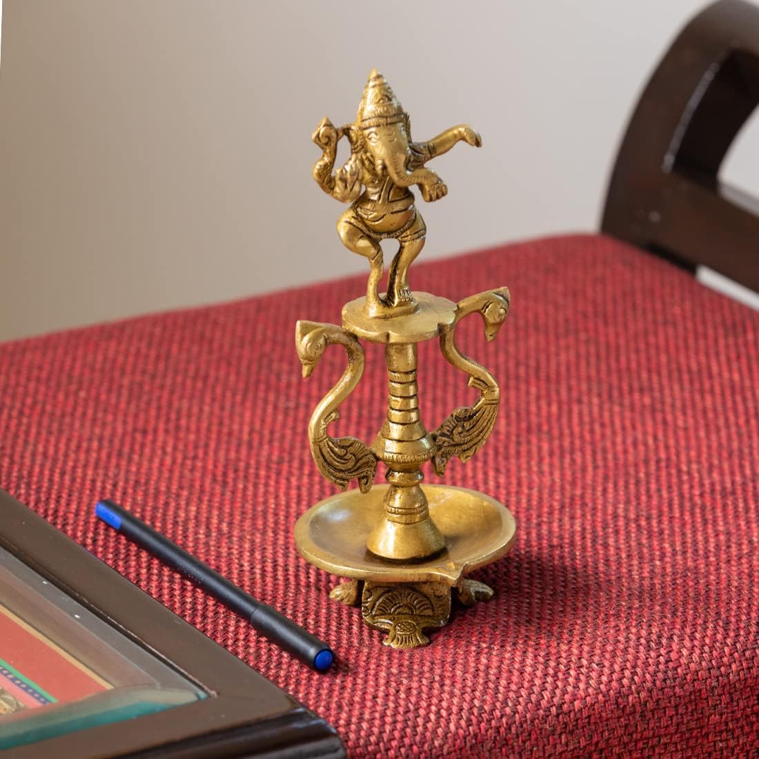 Brass Ganesh Idol for Pooja Room Temple Ganpati Murti Showpiece Diya for Home Decor (8.5 Inch)
