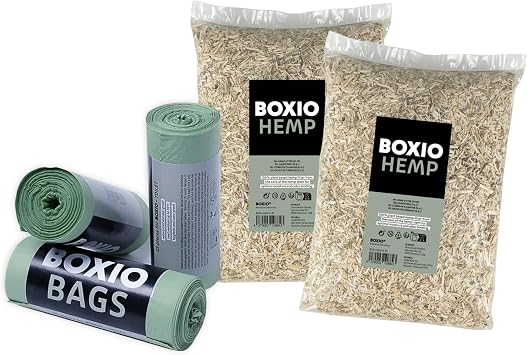 BOXIO - RefillBundle 2X Hemo Litter، 3X Bags - مجموعة ملحقات مرحاض التخييم، الأكياس الحيوية، فضلات نشارة الخشب لمراحيض الفصل، مراحيض التسميد المثالية للتخييم، مراحيض الحديقة، وأثناء التنقل