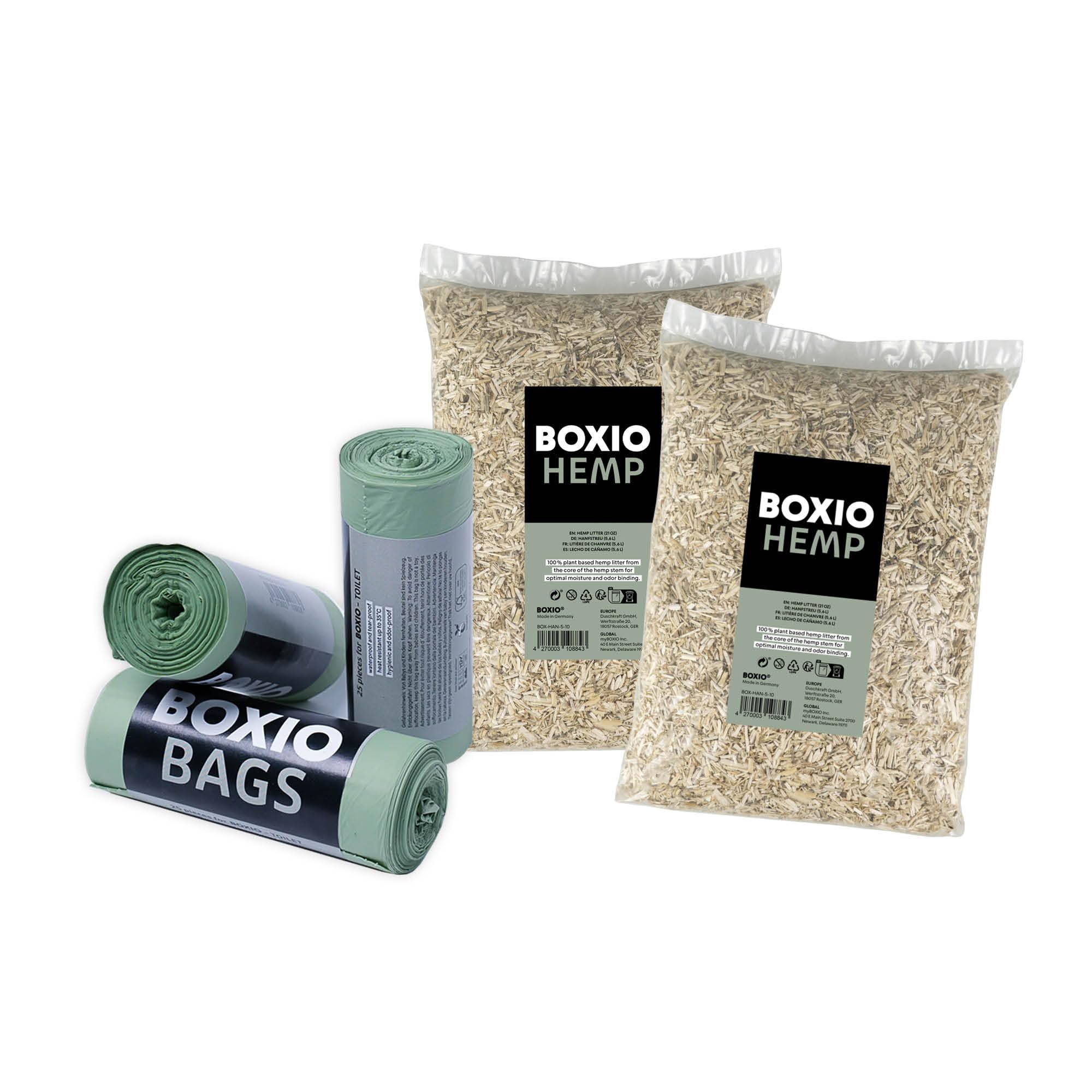 BOXIO - Refill Pack : 2X litière Chanvre, 3X Sacs Bio 10L – Accessoires pour Toilettes sèches, Compost ou séparation, sciure, Sacs Bio. Idéal pour Le Camping, Jardin ou en Voyage.