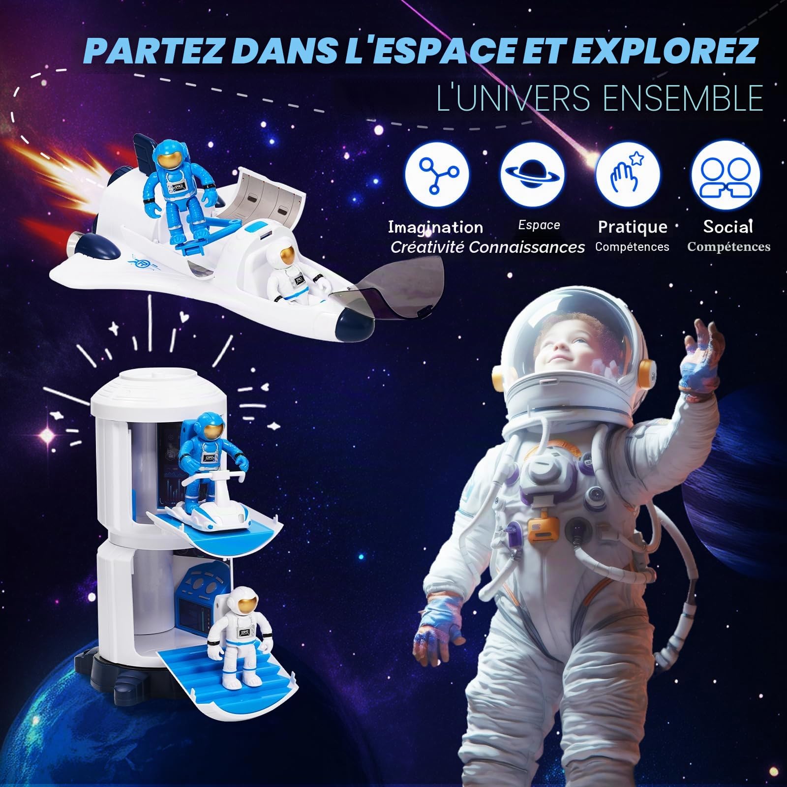 Fusée Jouet Espace pour Enfants, Navette Spatiale de vaisseau spatial avec effets de lumière et de son, jouet pour garçons et filles, kit de jeu d'exploration d'astronautes