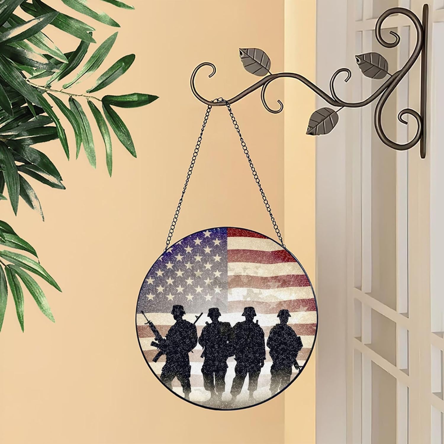 Stained Glass Window Hanging 10in Window Suncatcher Glass Panel with Metal Chain Armed Forces Day American Sun Catchers Wall Art Home Decor Gift for Women Mother's Day