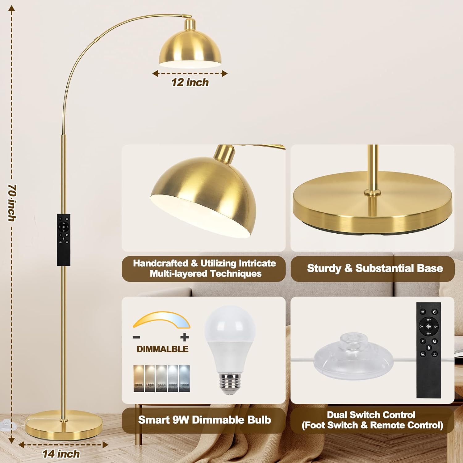 VenzBlomia 【Upgraded】 Arc Floor Lamps for Living Room - Stepless Dimmable Gold Tall Lamp with Remote Control & Color Temperature 9W LED Bulb, Over Couch Arched Reading Standing Lamp for Bedroom Brass