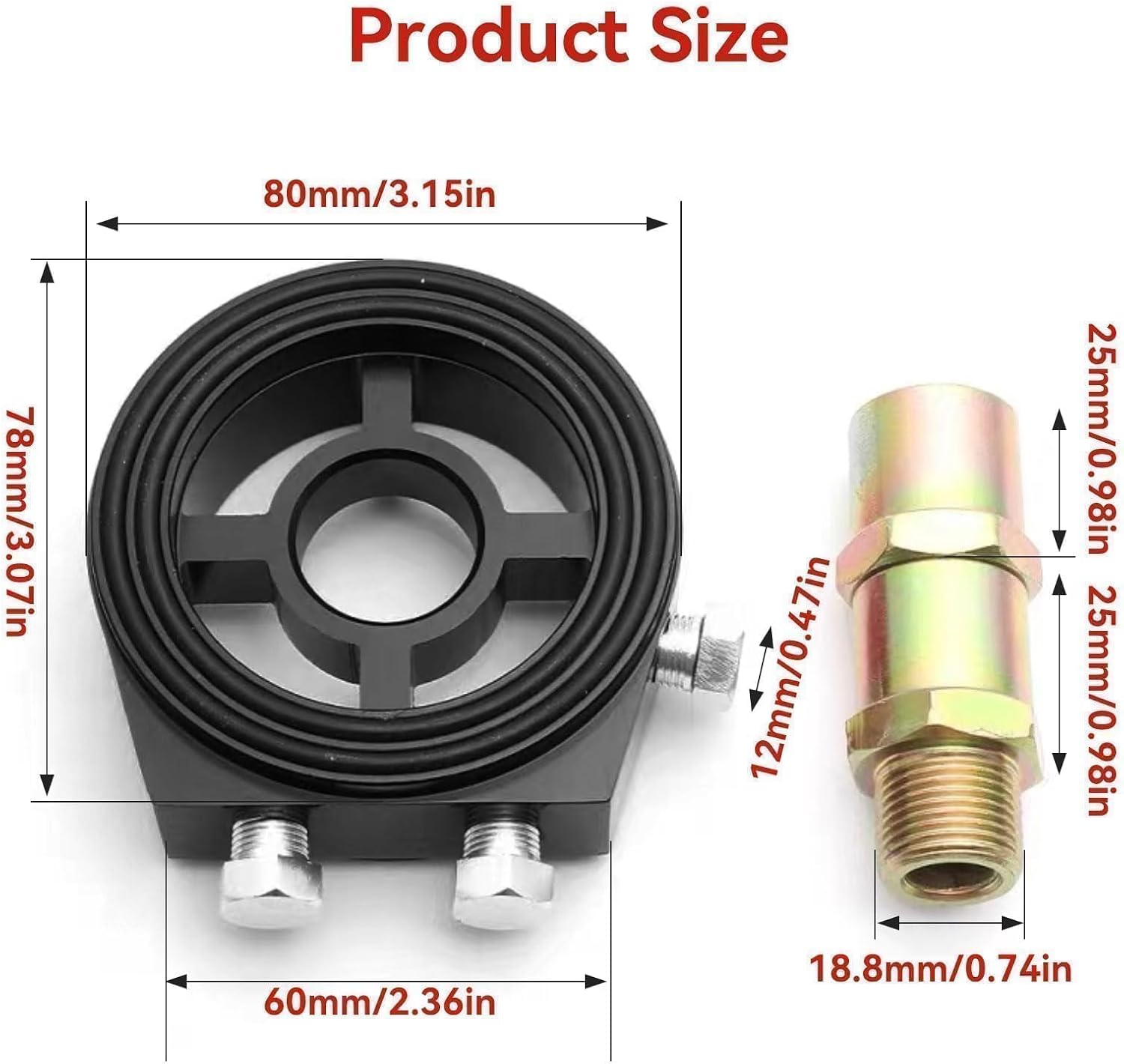 Detailed product size diagram showing dimensions in millimeters and inches