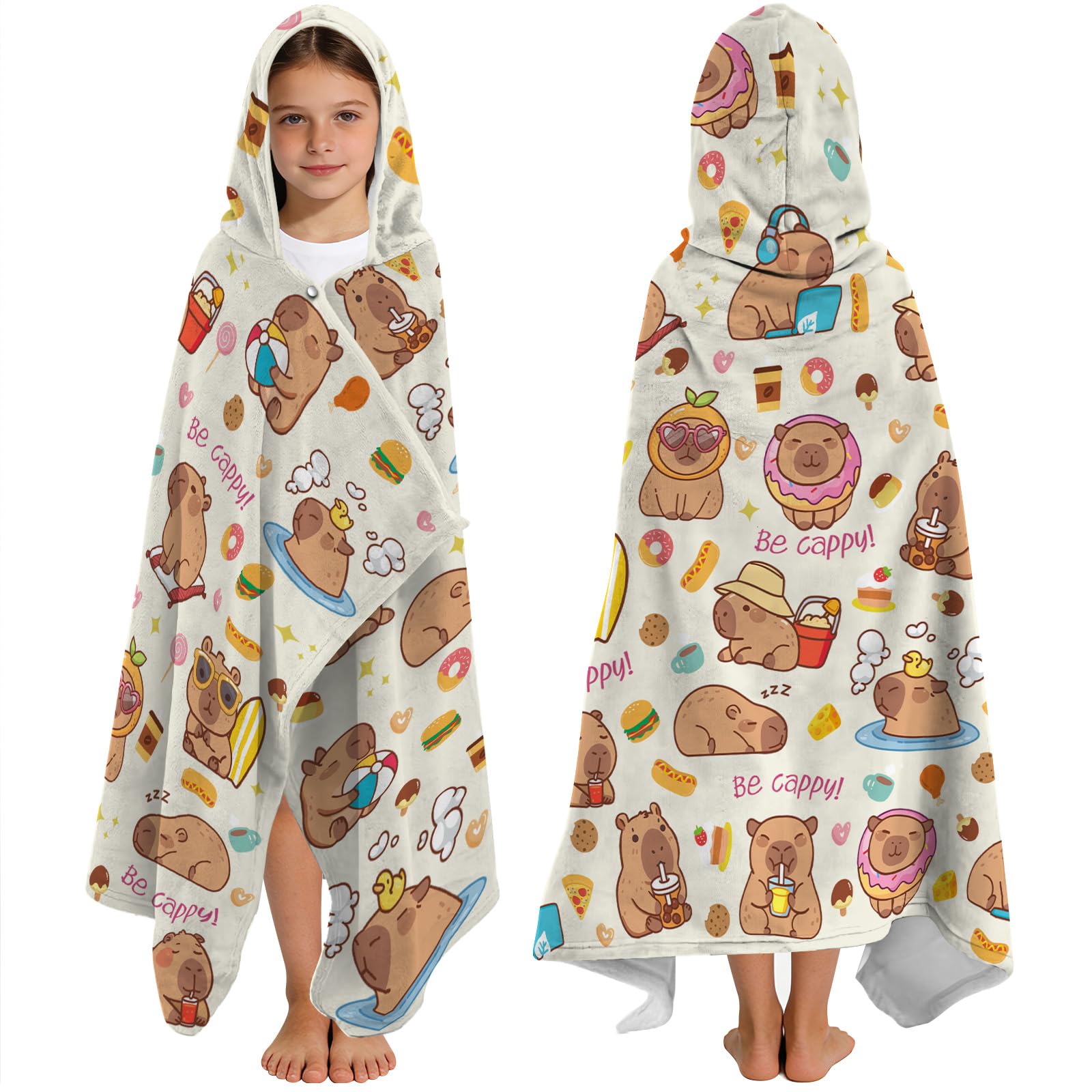 Yasrlvun Capybara Hooded Towels for Kids 127x76cm Poncho Towels for Kids Boys Teens Beach Towel for Swimming Pool Cute Capybara Wearable Bath Towel