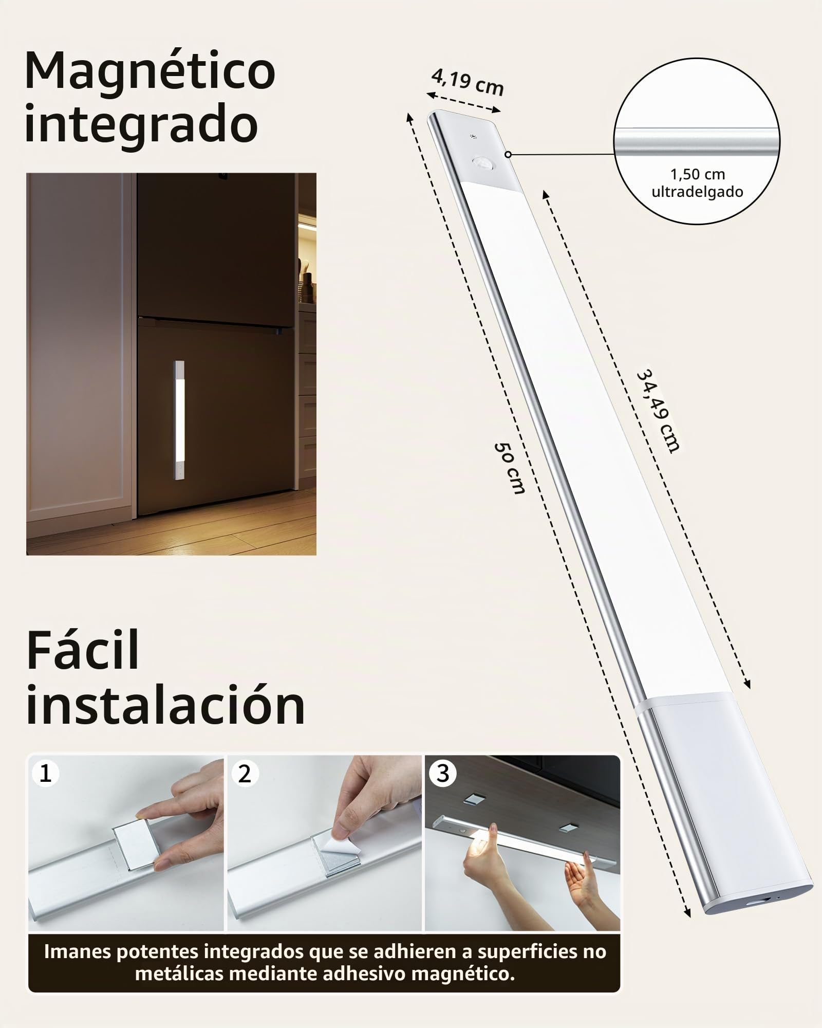 EZVALO Iluminación para armario inalámbrica 50 cm, batería extraíble de 2200 mAh, lámpara empotrable para cocina LED 3 temperaturas de color ajustables, luz para armario con sensor de movimiento