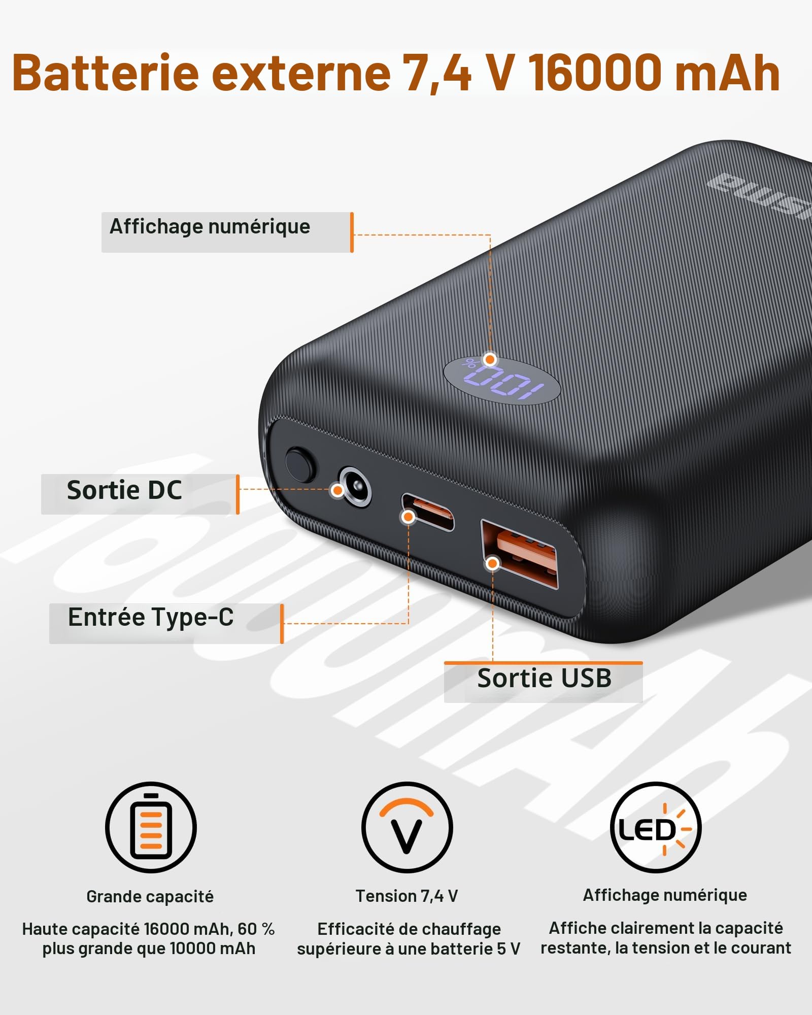 Polaire Gilet Chauffant Hommes Batterie 16000mAh 7.4V Incluse