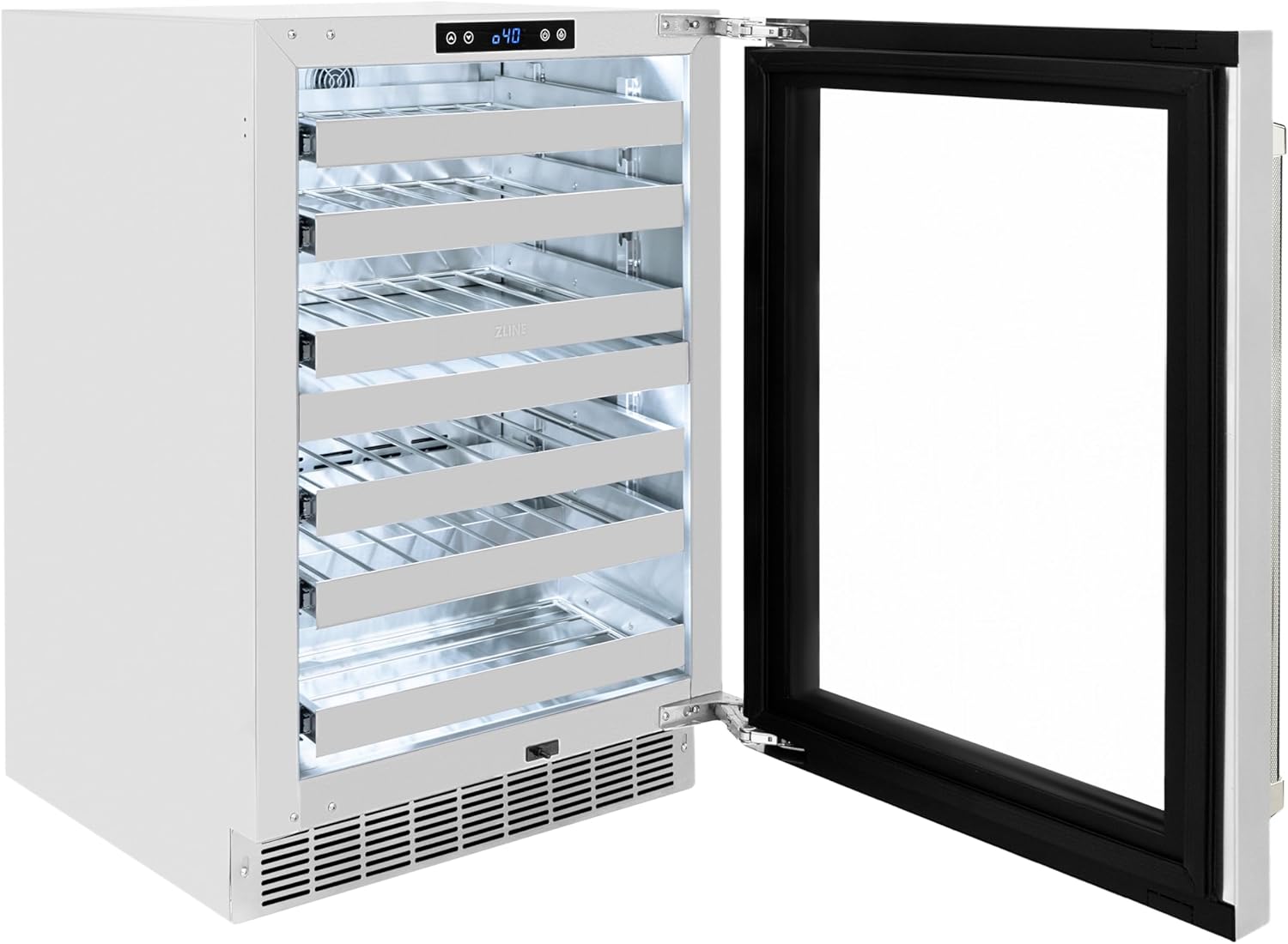 ZLINE Autograph Edition 24 in. Touchstone Dual Zone 44 Bottle Wine Cooler with Stainless Steel Glass Door and Polished Nickel Helix Handle (RWDOZS-24-KPN)