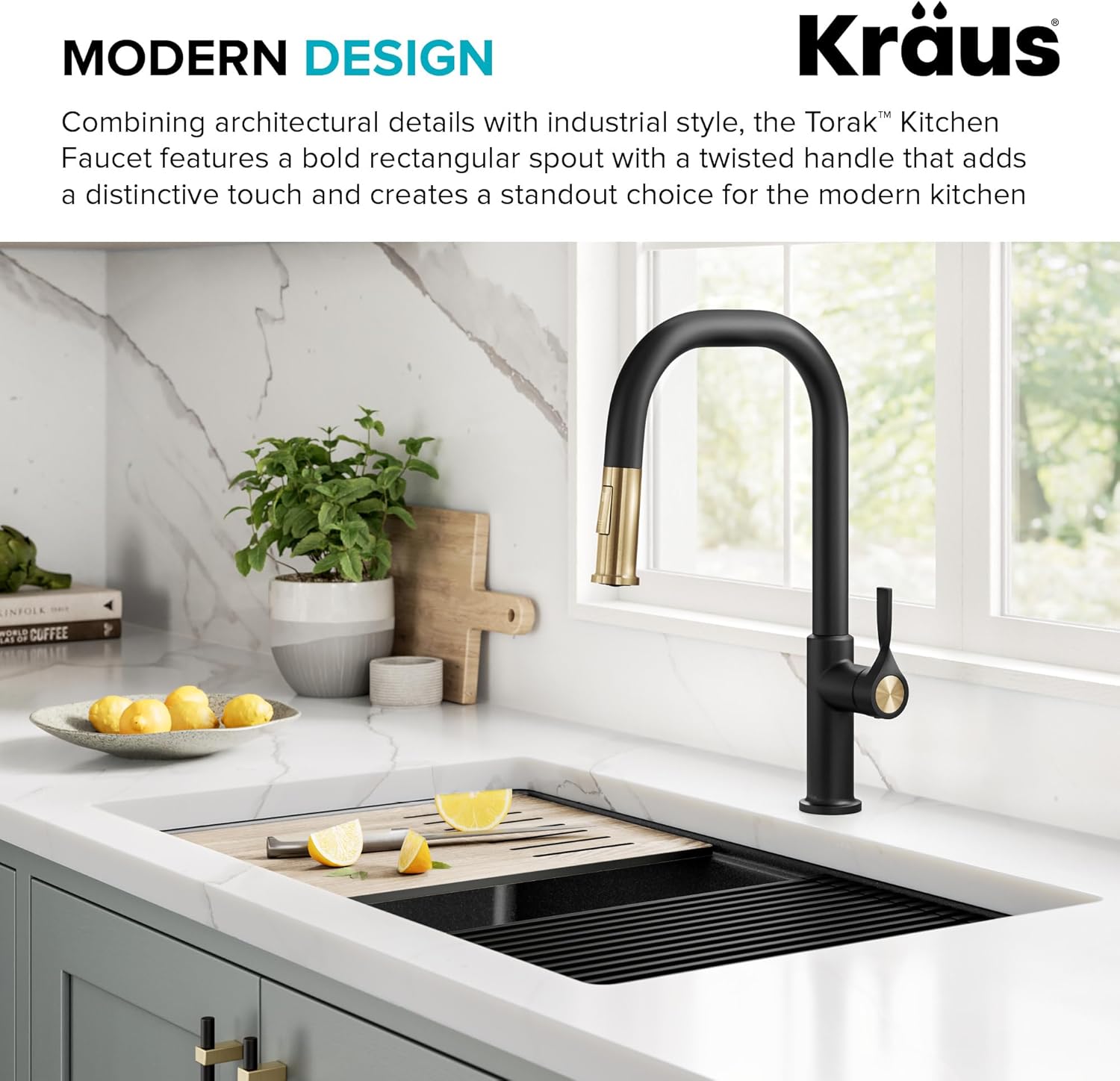 KRAUS Torak Pull Down Kitchen Faucet in Spot-Free Brushed Brass/Matte Black with 2 Function Sprayer, Pre-Attached Water Lines, and Mounting Hardware, KPF-2841SFBBMB - Image 2