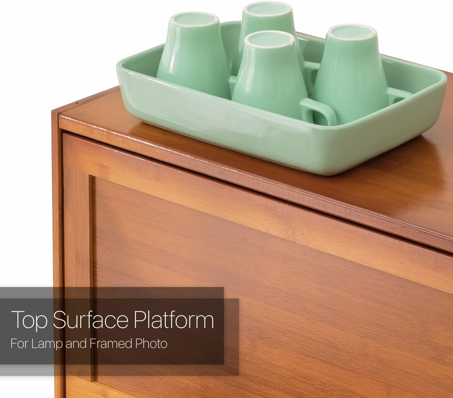Close-up of the top surface of the cabinet, indicating it can be used as a platform for a lamp or framed photo.