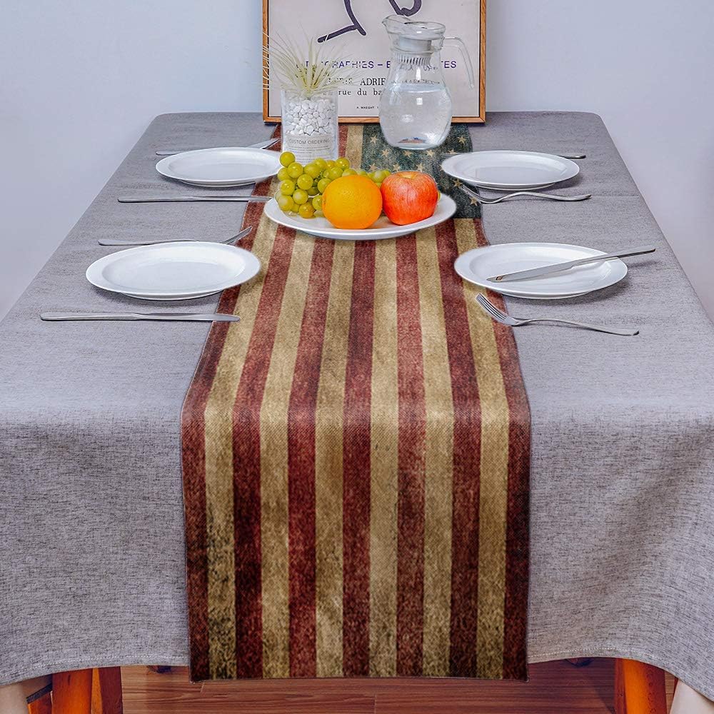 Daleng 13 x 90 inches Table Runner Cotton-Polyester Blend, Retro American National Flag Table Runner for Table Decorations, Indoor Outdoor Parties, Farmhouse & Family Gathering, 1 Pack