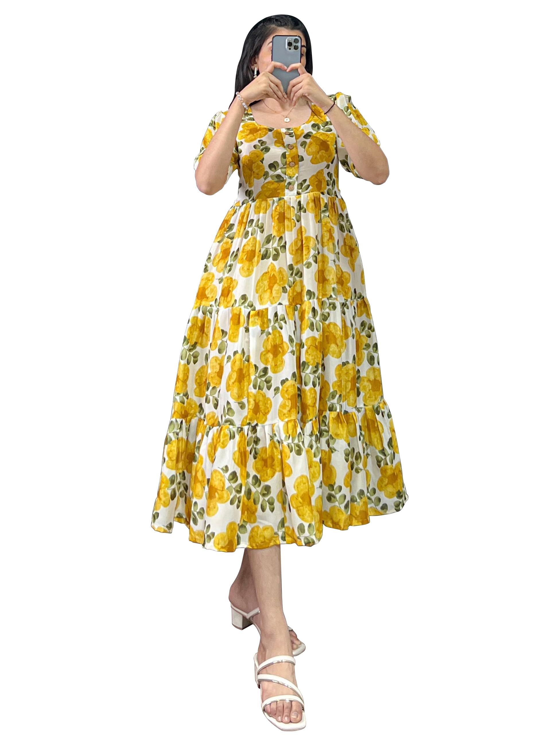 shasmi Women Women's Floral Print Midi Dress, Yellow Vichitra Silk, Round Neck Short Balloon Sleeves-picture-3