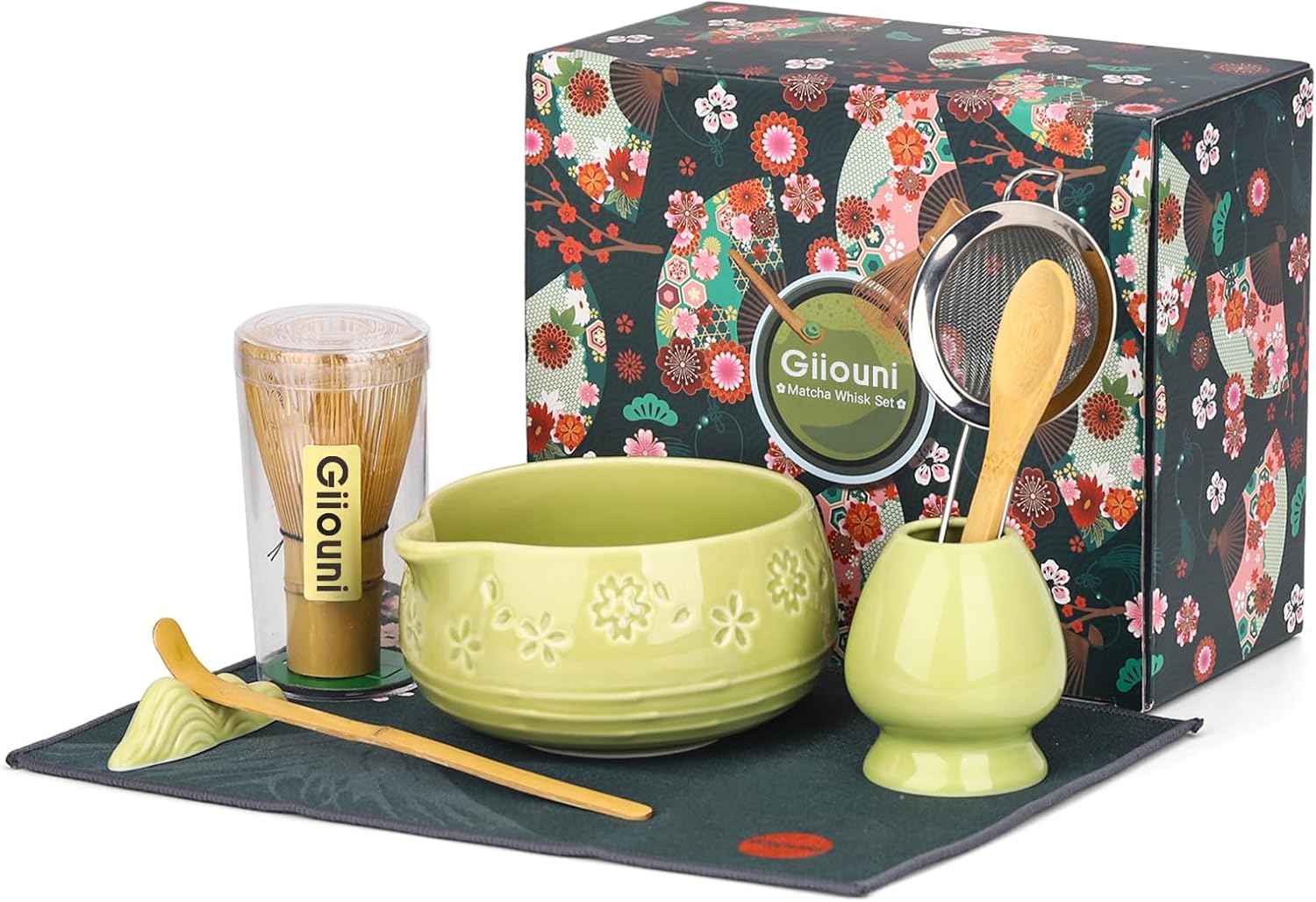 Matcha Whisk Set, Ceramic Bowl with Spout, Bamboo Matcha Whisk & Spoon, Chasen Holder, Scoop Rest, Sifter, Japanese Ceremony Matcha Powder Kit–Valentine's Day Gift for Women-Mint