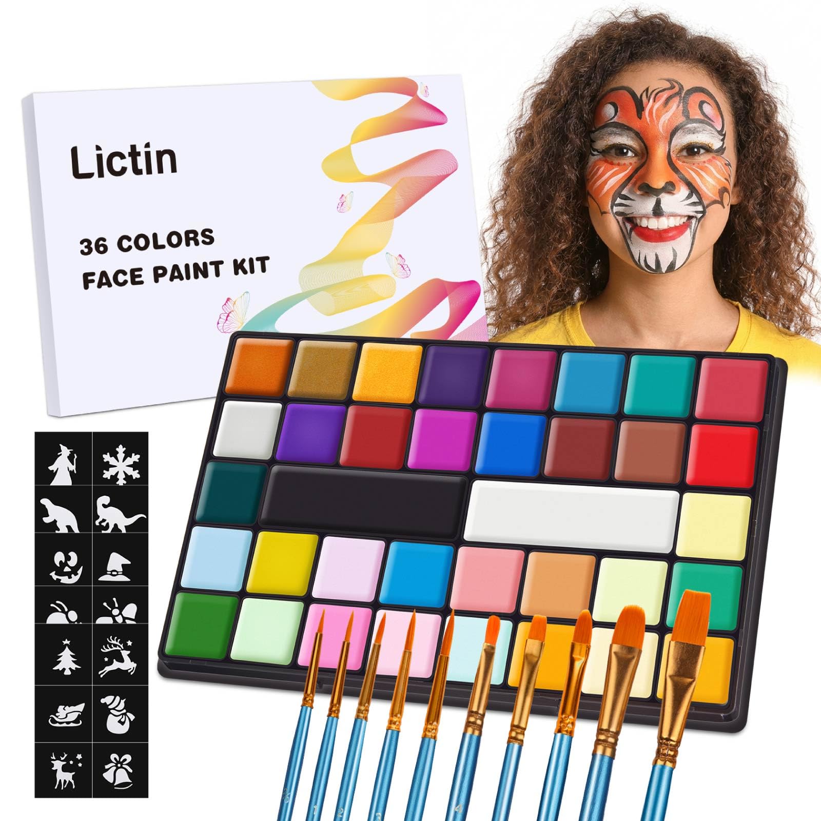 Lictin Pittura per Viso 36 Colori-Face Paint,10 Pennelli Professionali ,30 grafica per festa di Halloween, compleanno, Natale Paletta di bellezza,grande rega