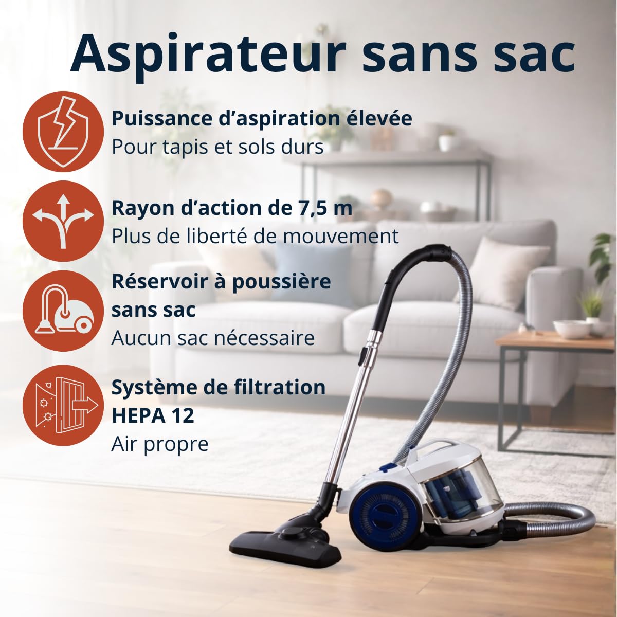 Dirt Devil Aspirateur Traineau sans Sac DD2503 - Aspirateur Puissant avec Filtre HEPA 12 et Brosse Combinée, Brosse Encastrée et Accessoire pour Meubles - Bac à Poussière 2,2L