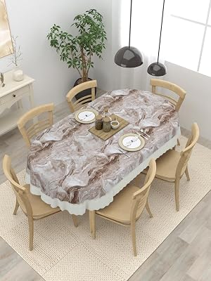 Clasiko 6 Seater Oval Dining Table Cover; 60x90 Inches or 152x228 Cms; Material - PVC; Anti Slip; Brown White Abstract