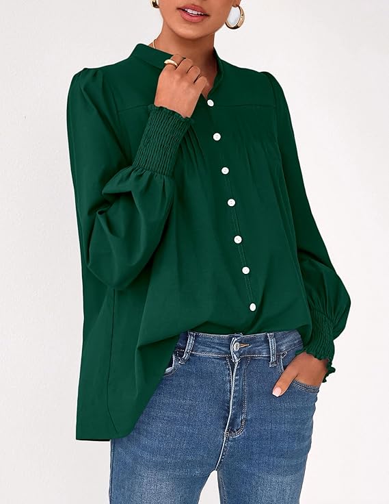 PRETTYGARDEN Fall Lantern Long Sleeve Shirts for Women 2025 Trendy Button Vneck Pullover Henley Tops Dressy Work Blouses (Beige,XX-Large) at Amazon Women’s Clothing store