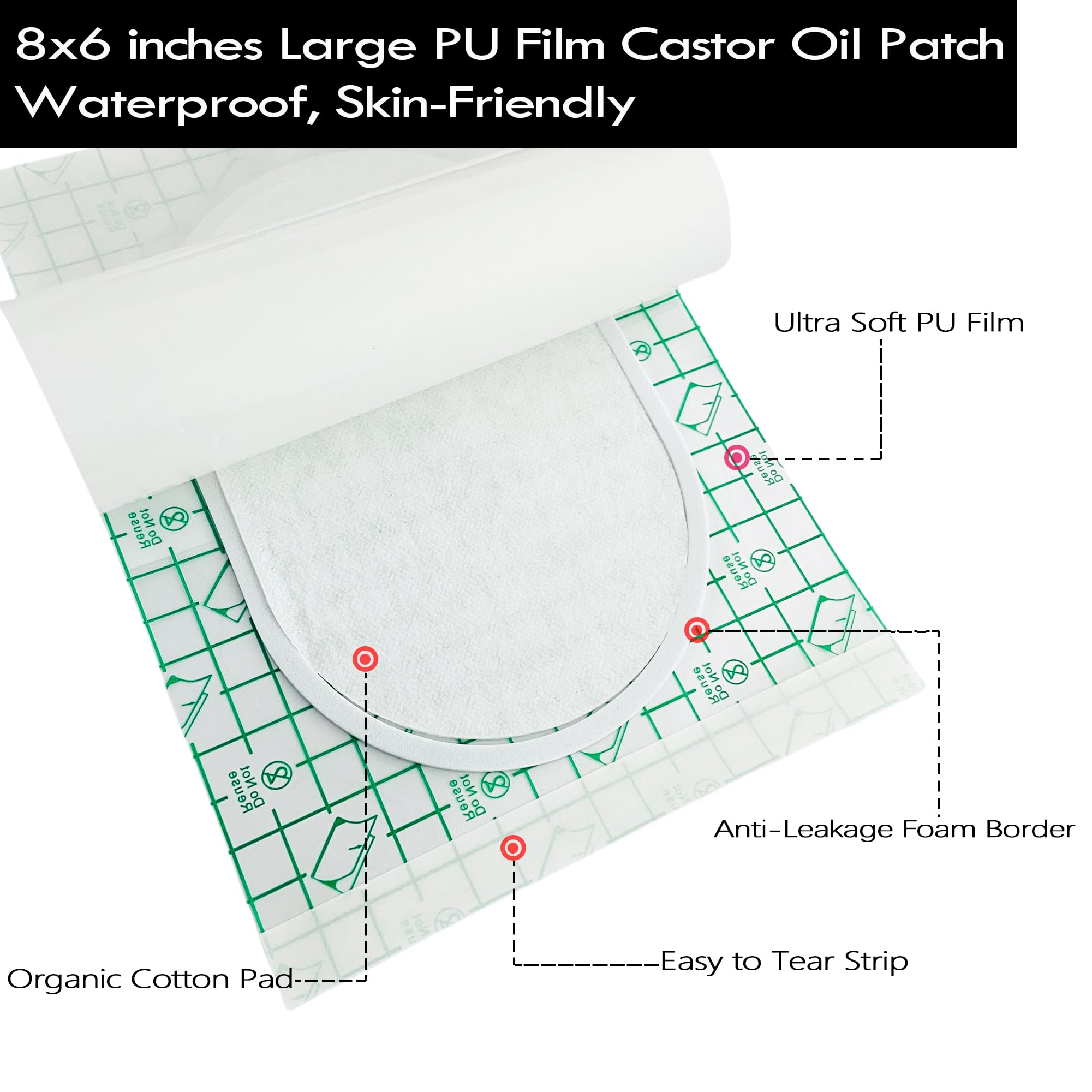 24 Pack Castor Oil Pack Wrap for Stomach, 8 x 6 inches PU Film Organic Cotton Castor Oil Patches for Sensitive Skin, Disposable Self-Adhesive Pads, Waterproof Anti Leakage Oil Pack for Home and Travel