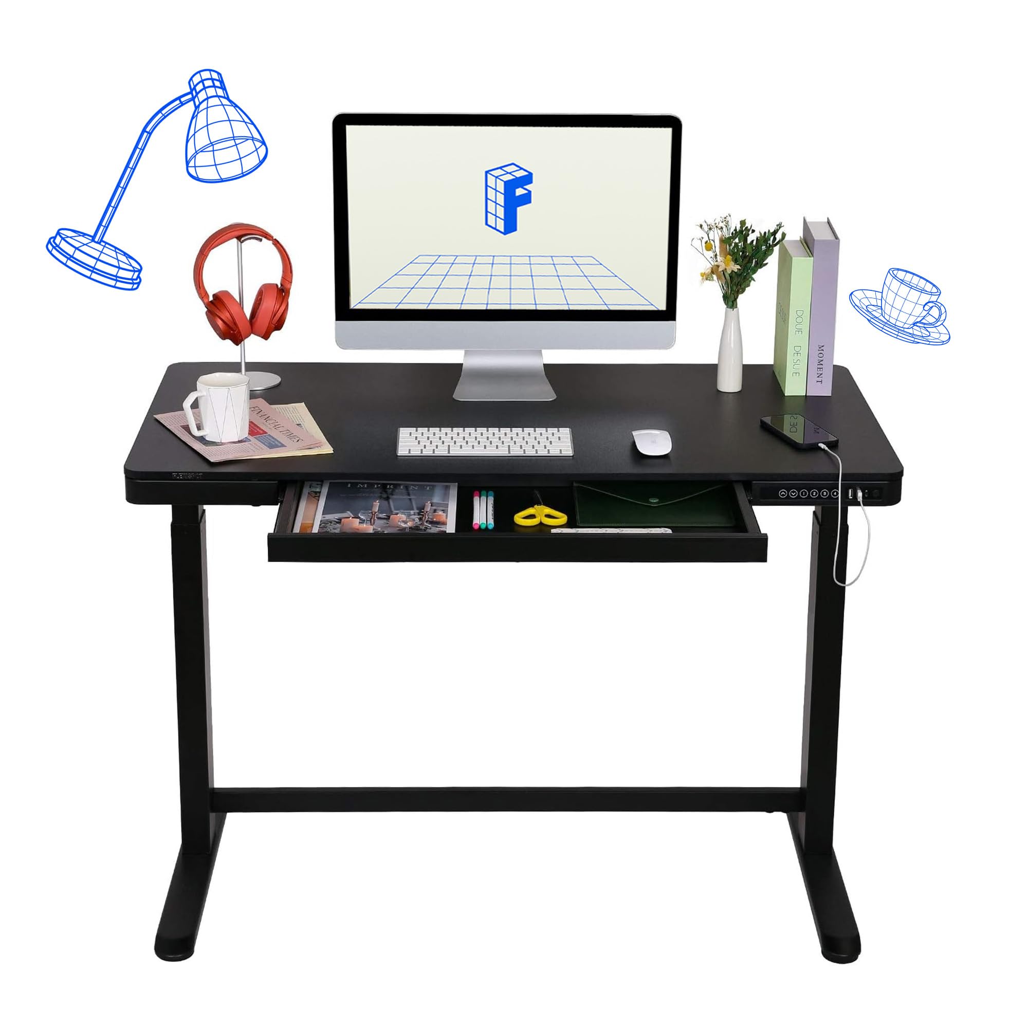 FLEXISPOTEG8 Standing Desk, Home Office Electric Height Adjustable Sit-Stand Desk 120 * 60cm Glass Top (Black Frame+Black Glass Top)